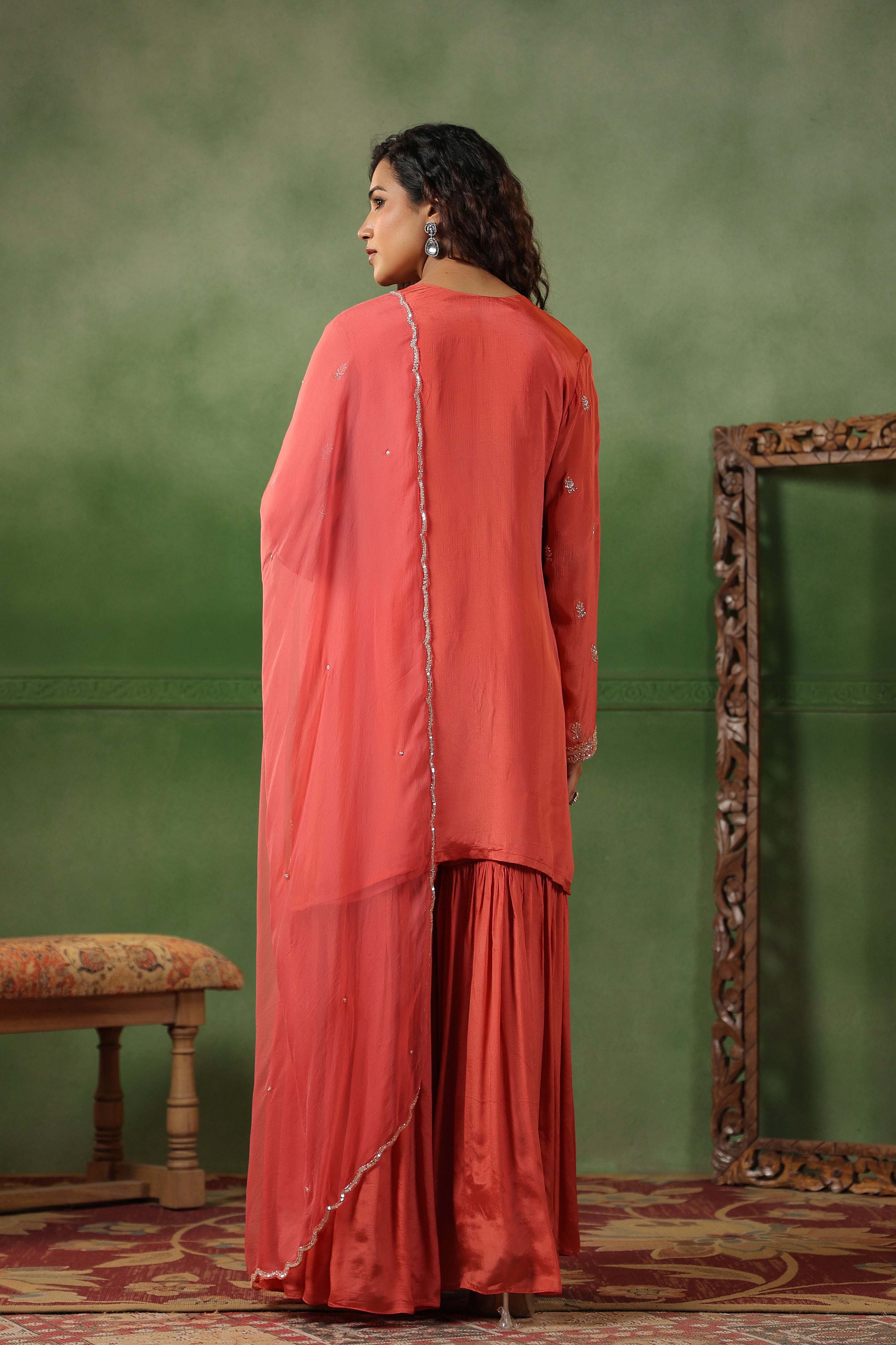 Coral Pink Embellished Chinon Silk Sharara Set