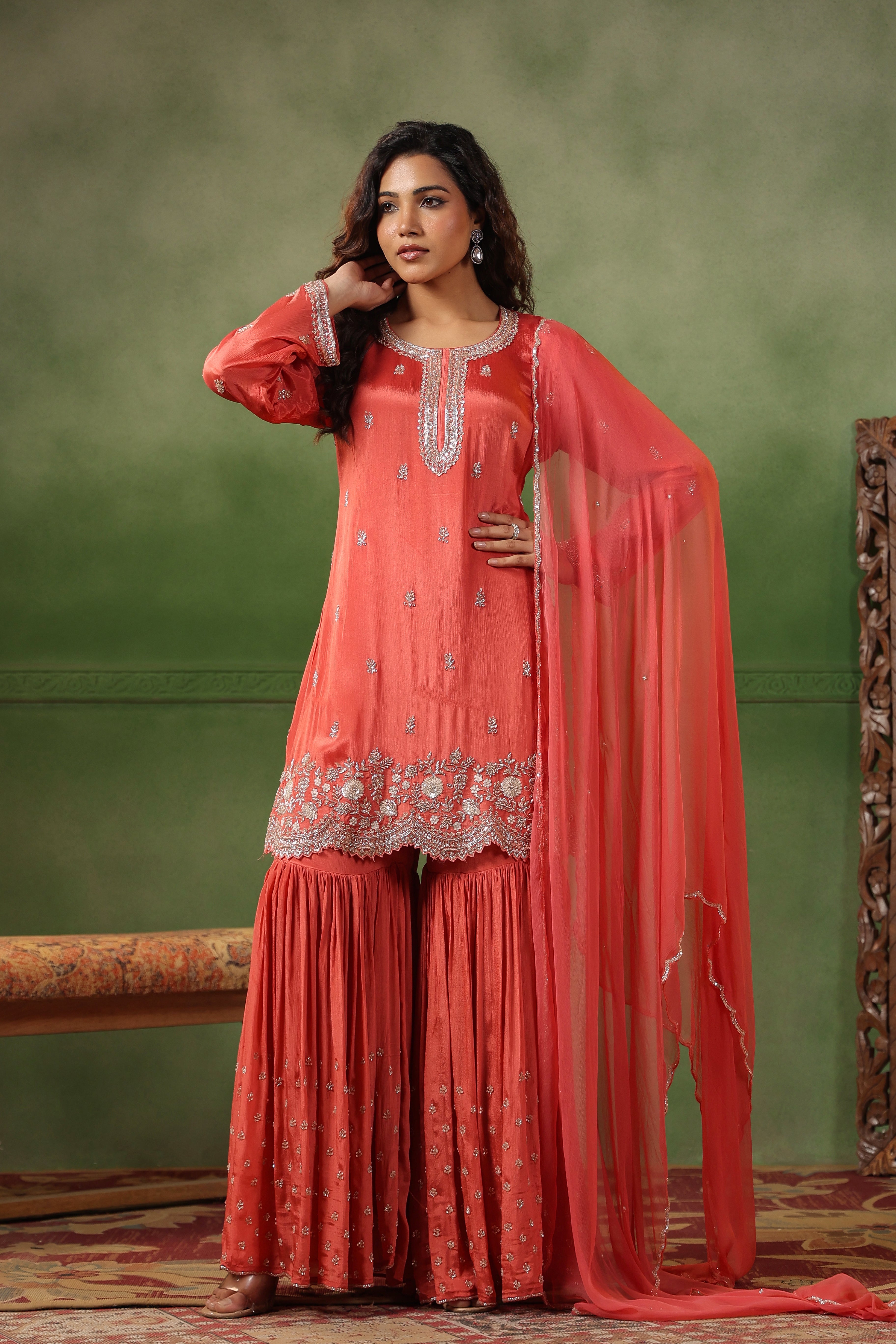 Coral Pink Embellished Chinon Silk Sharara Set