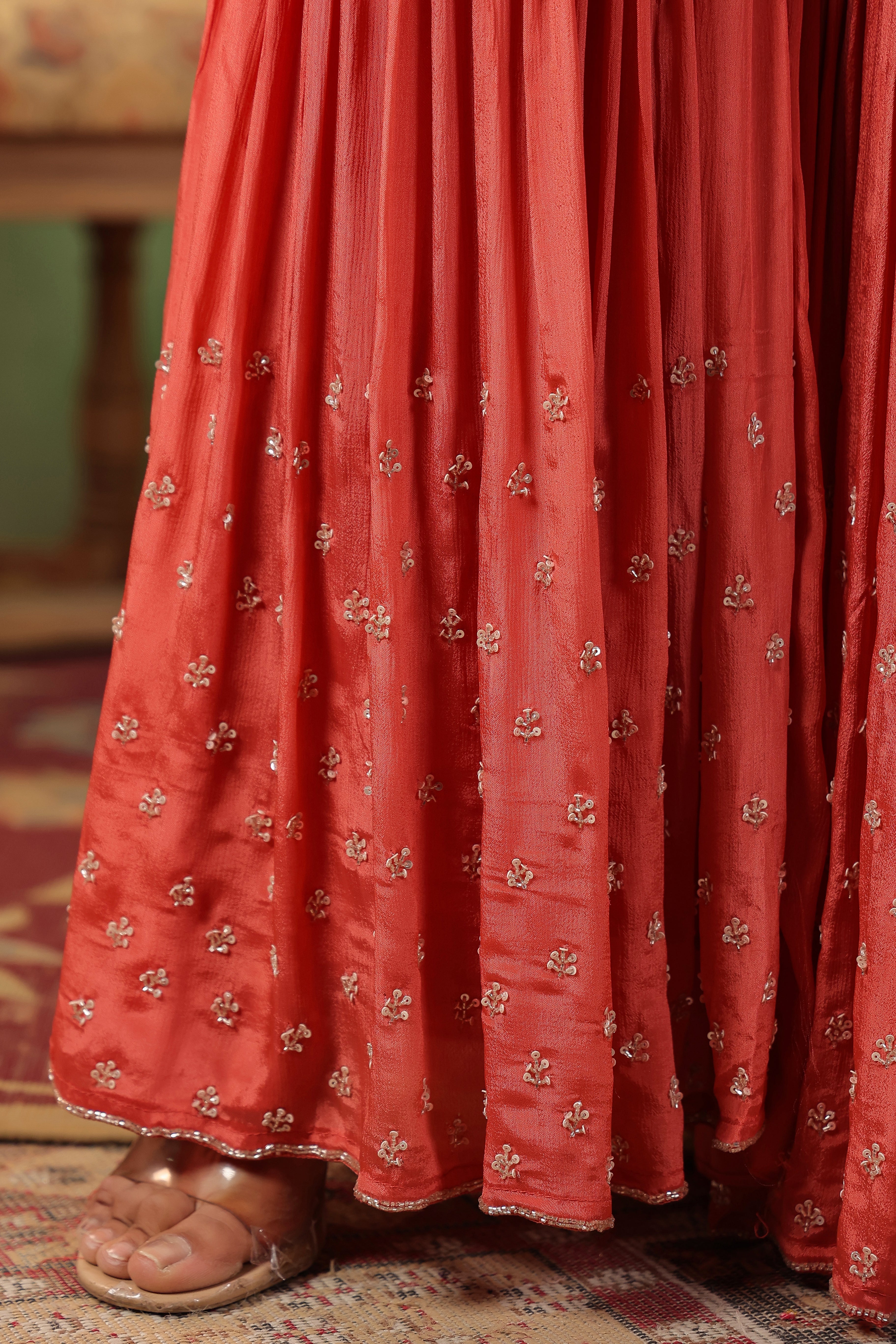 Coral Pink Embellished Chinon Silk Sharara Set