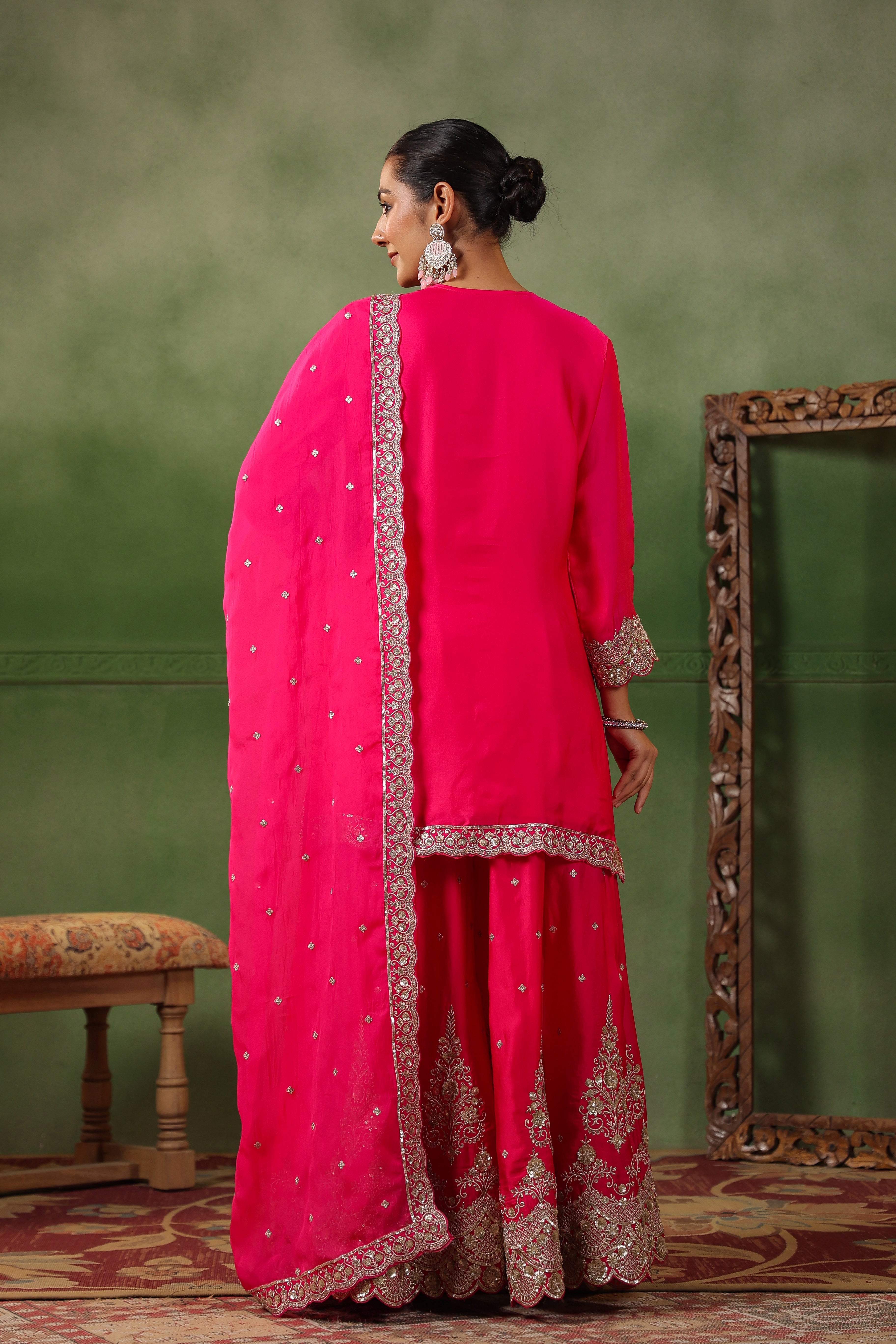 Raspberry Pink Embellished Satin Silk Sharara Set