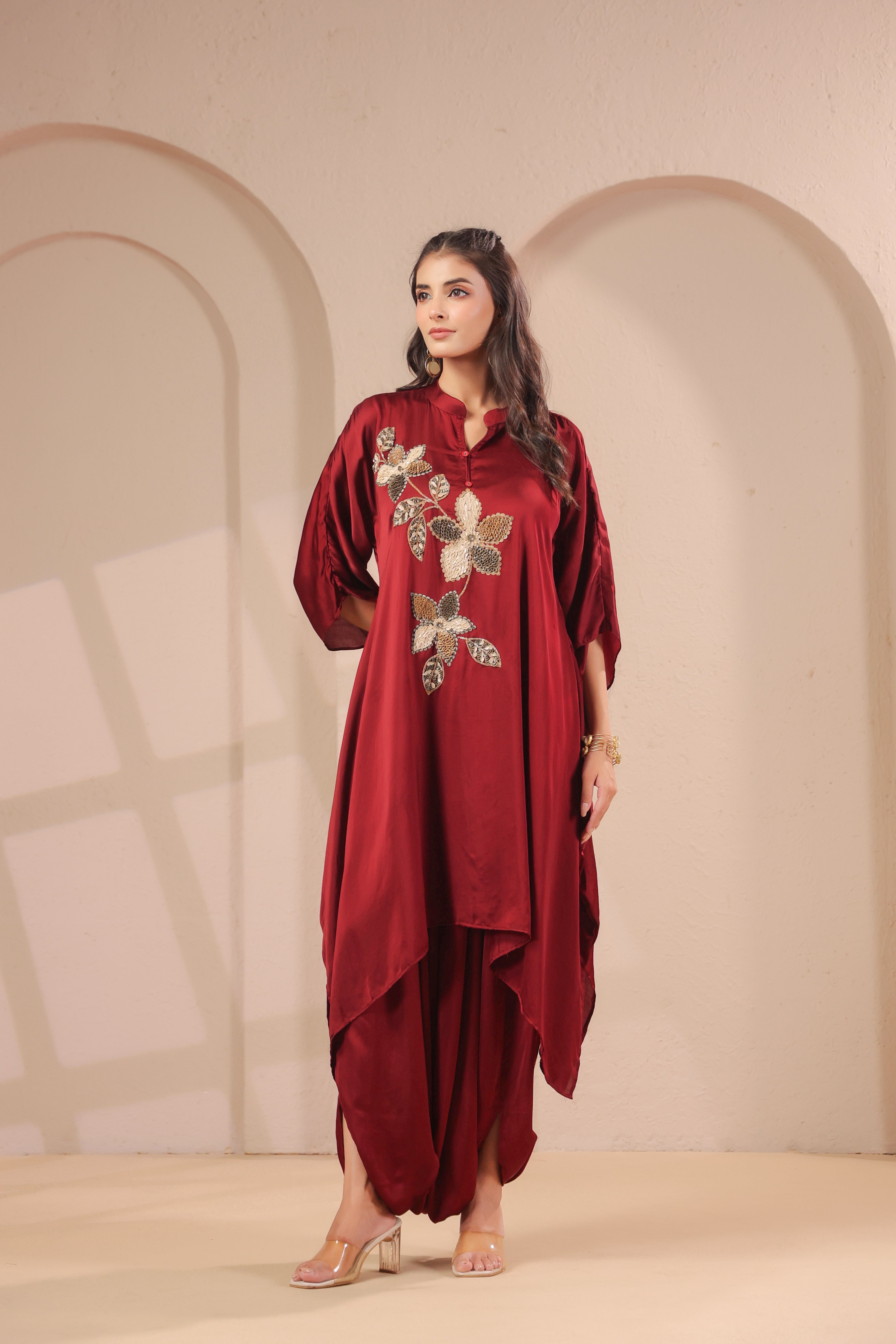 Burgundy Floral Embellished Modal Silk Dhoti Set