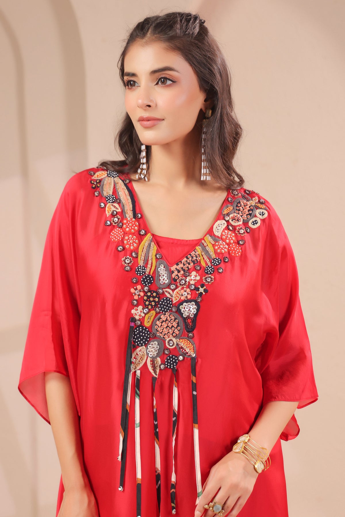 Crimson Red Embellished Crepe Silk Palazzo Set