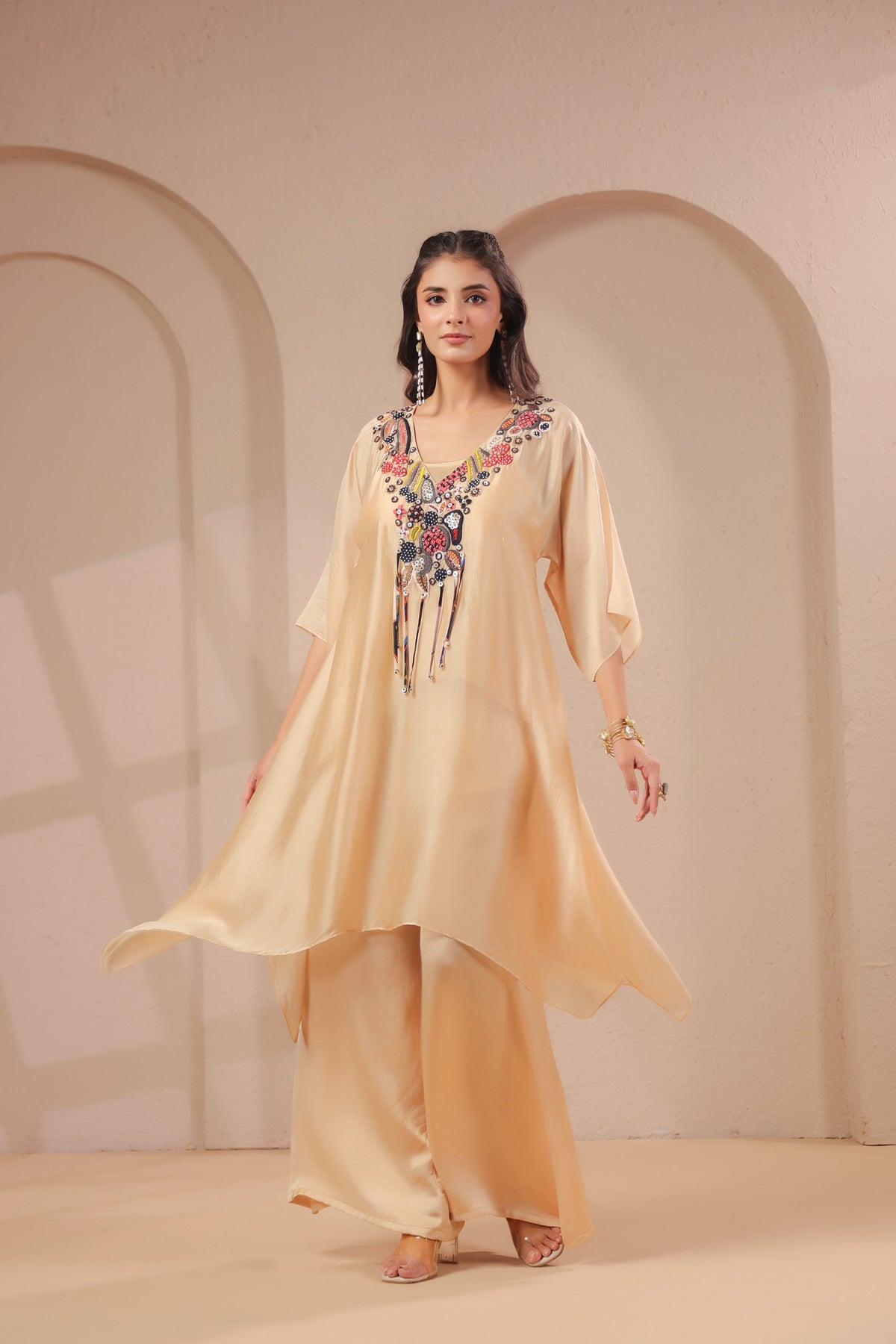 Soft Beige Embellished Crepe Silk Palazzo Set