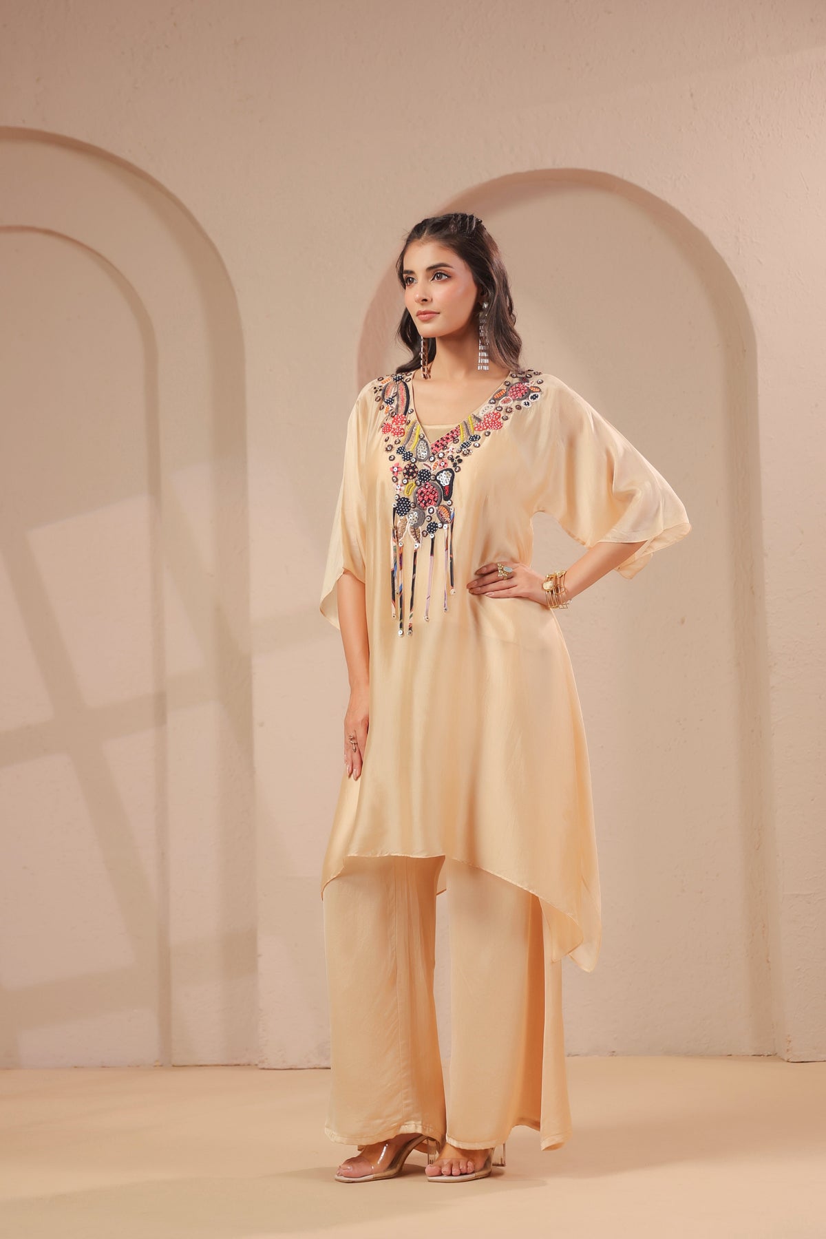 Soft Beige Embellished Crepe Silk Palazzo Set