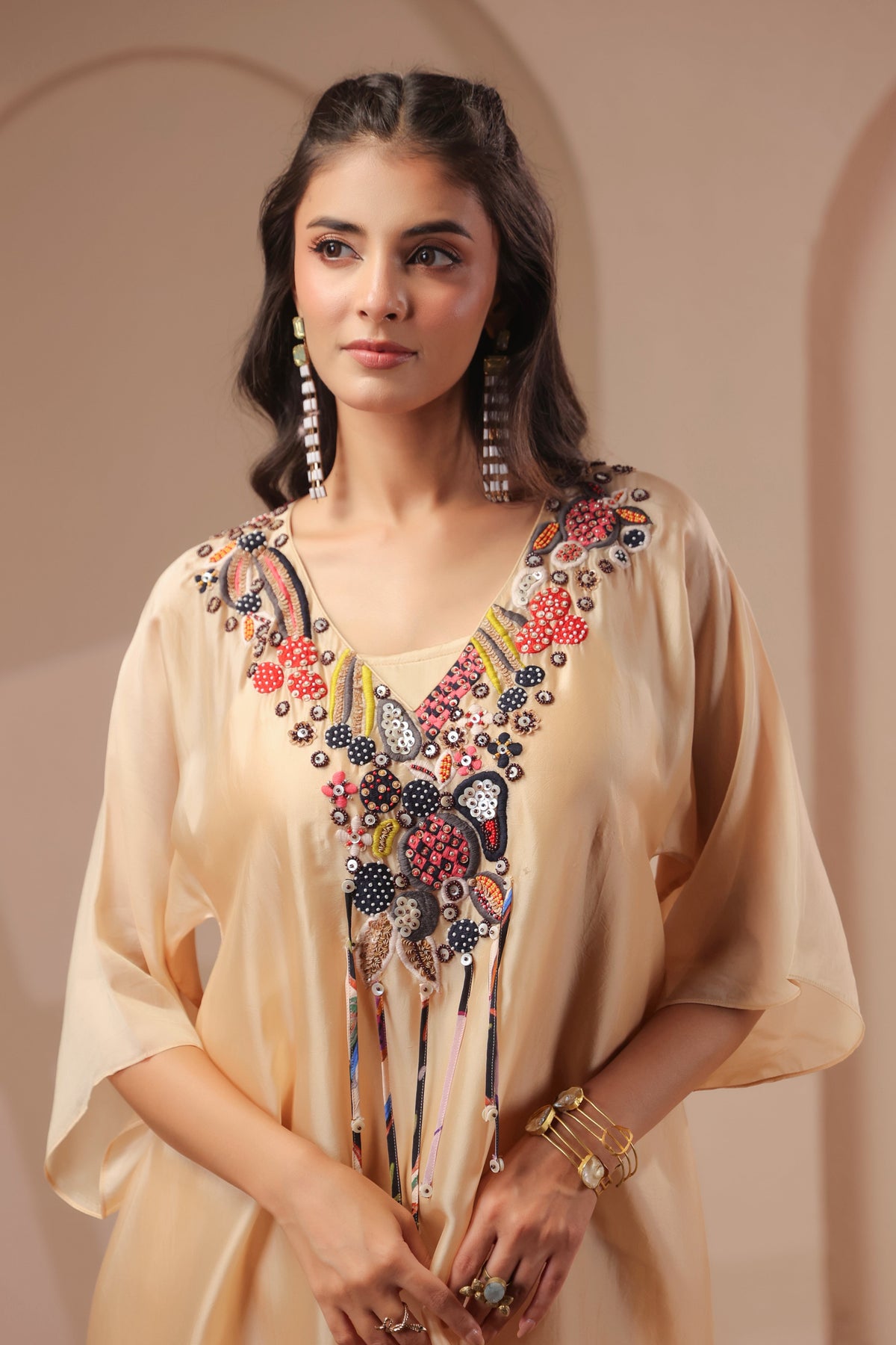 Soft Beige Embellished Crepe Silk Palazzo Set