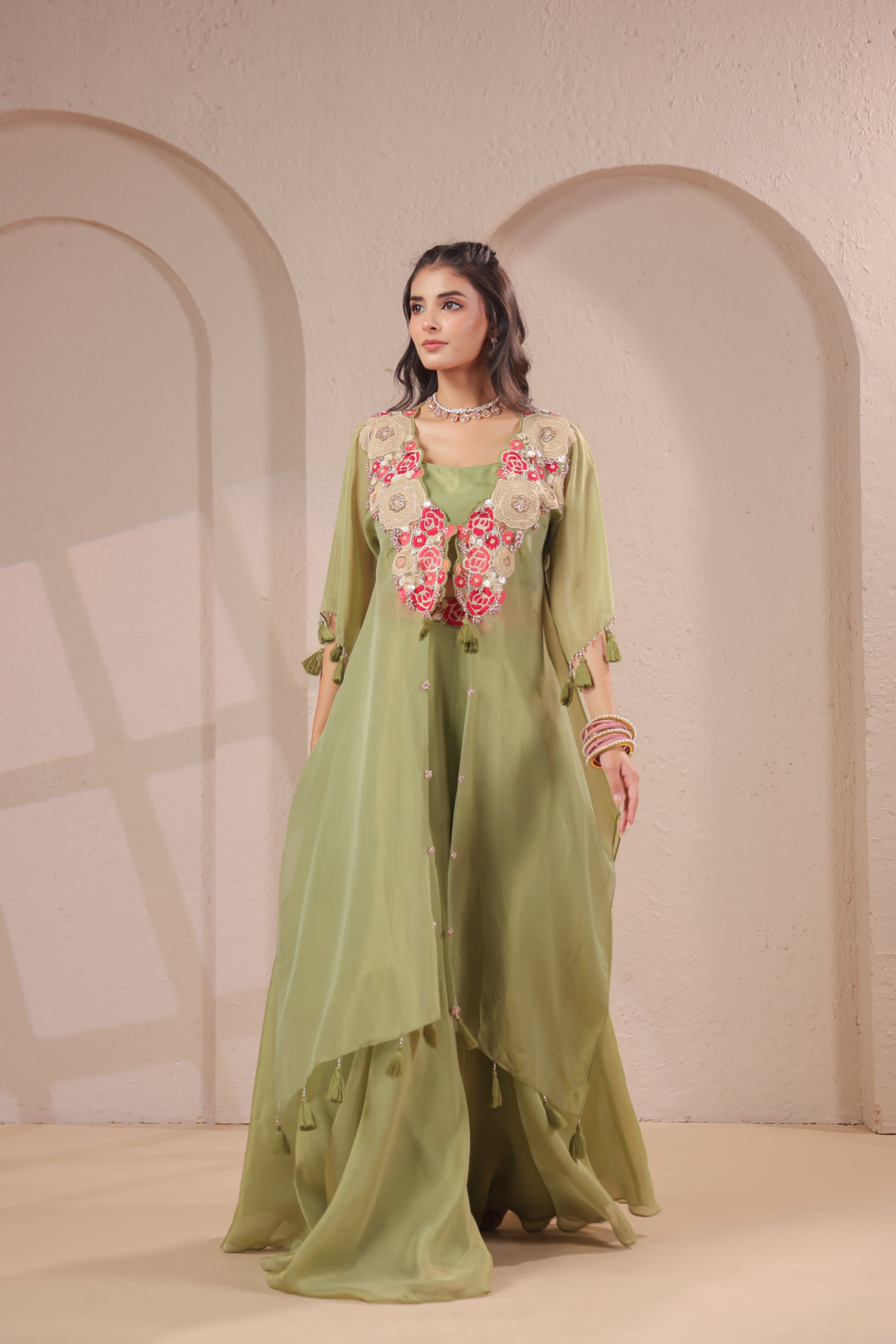 Sage Embellished Shimmer Organza Silk Palazzo Set
