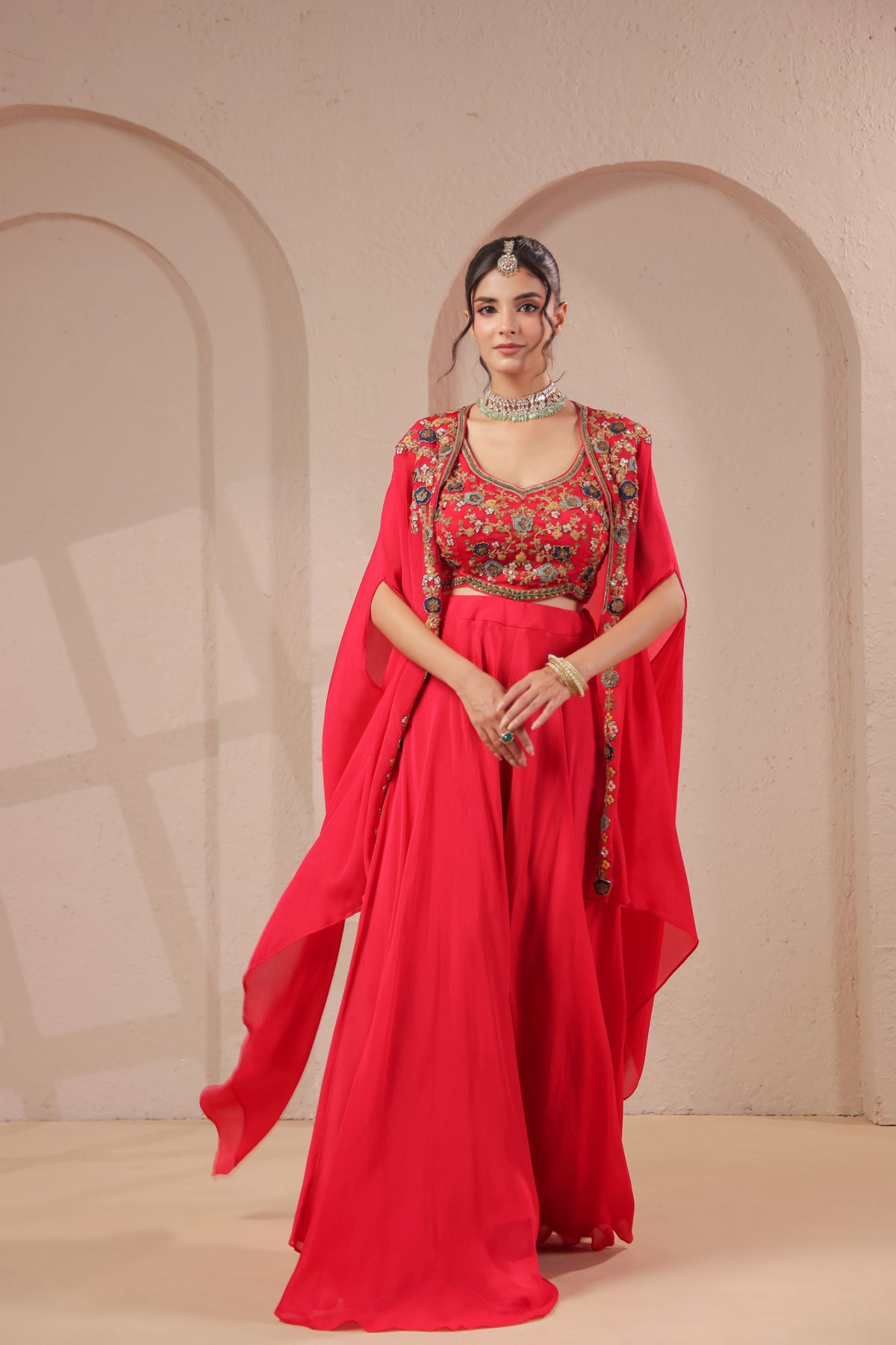 Red Cherry Embellished Chinon Silk Palazzo Set