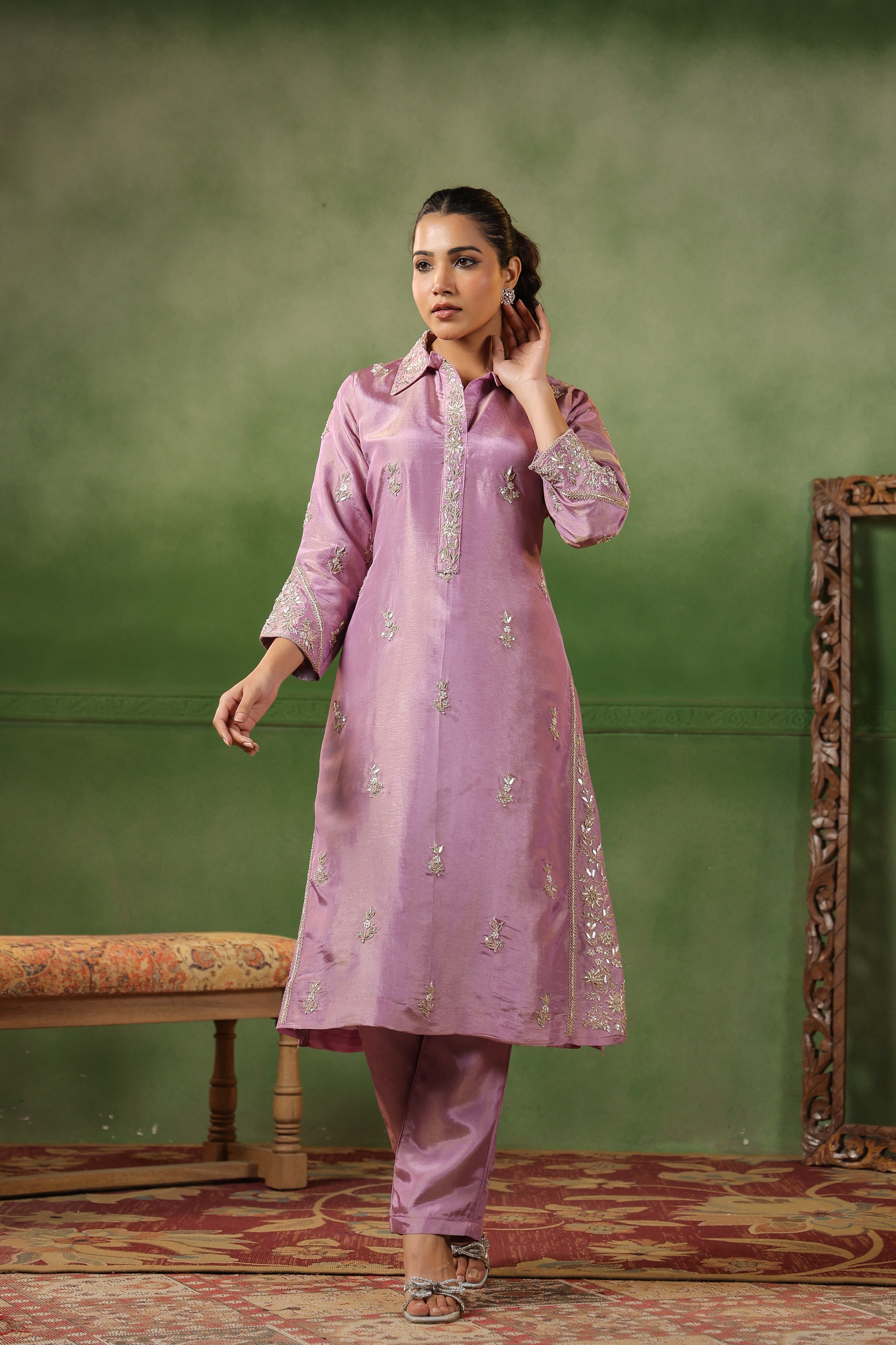 Lilac Pink Embellished Tissue Silk Kurta Set