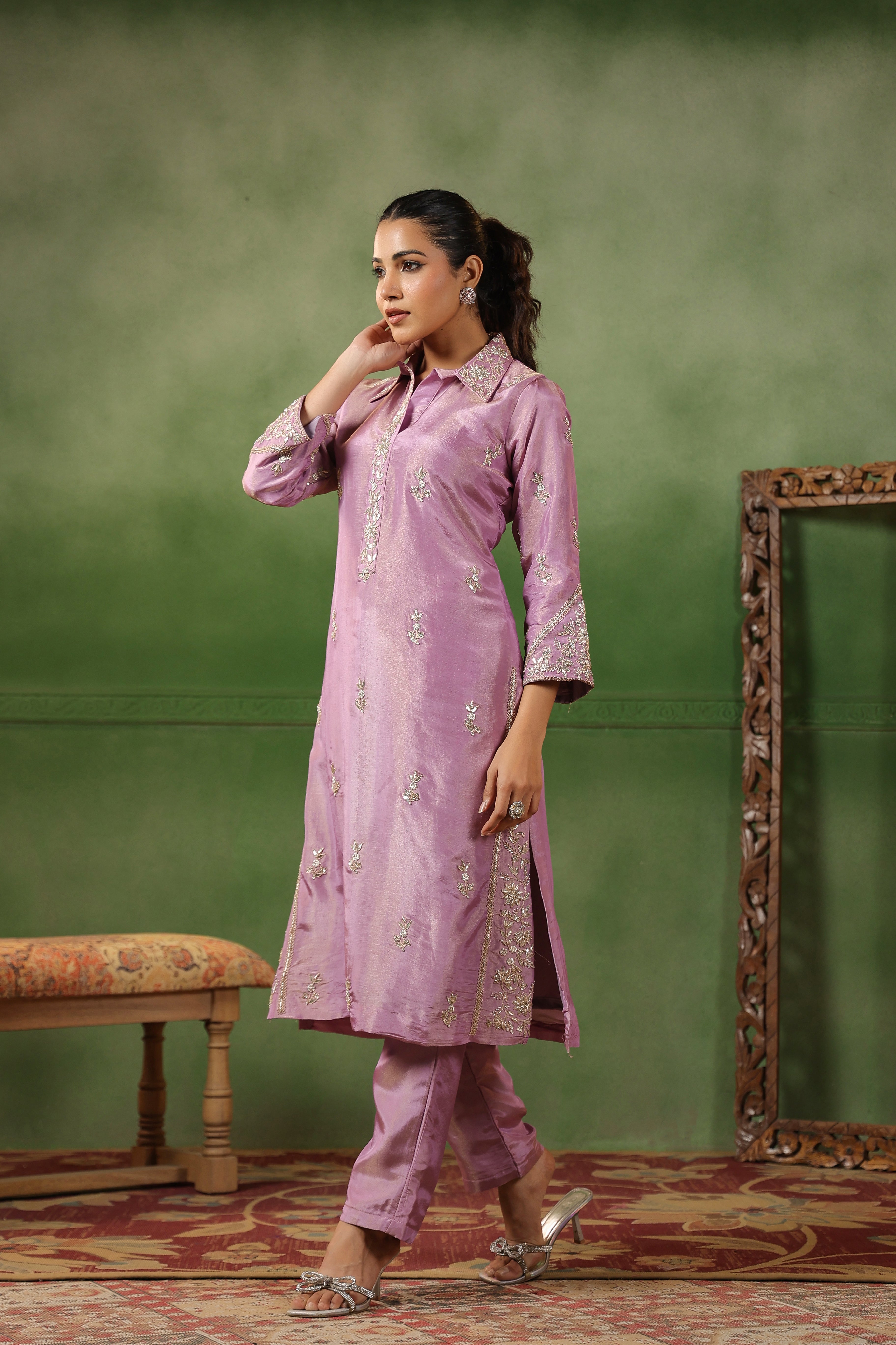 Lilac Pink Embellished Tissue Silk Kurta Set