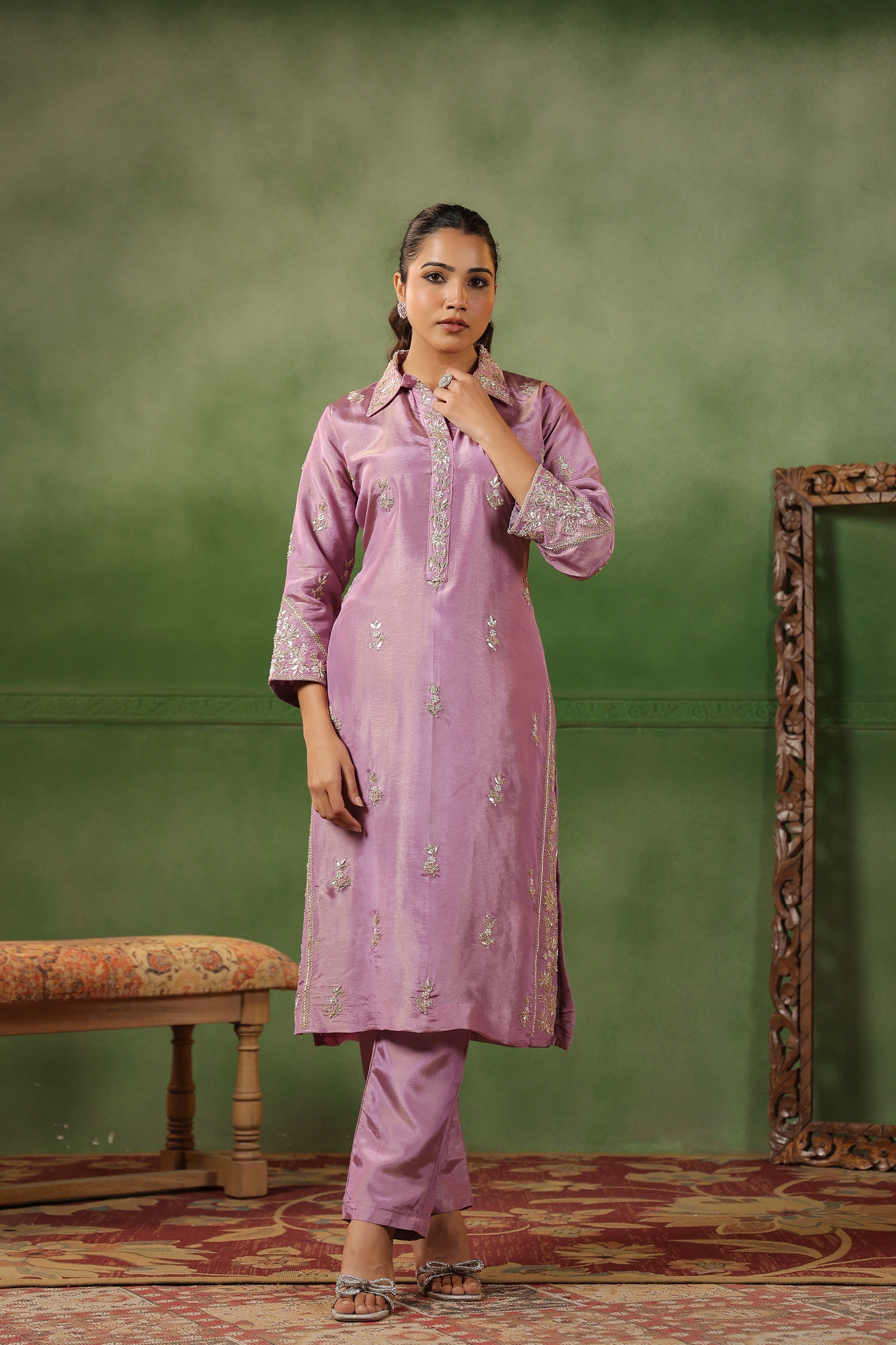 Lilac Pink Embellished Tissue Silk Kurta Set