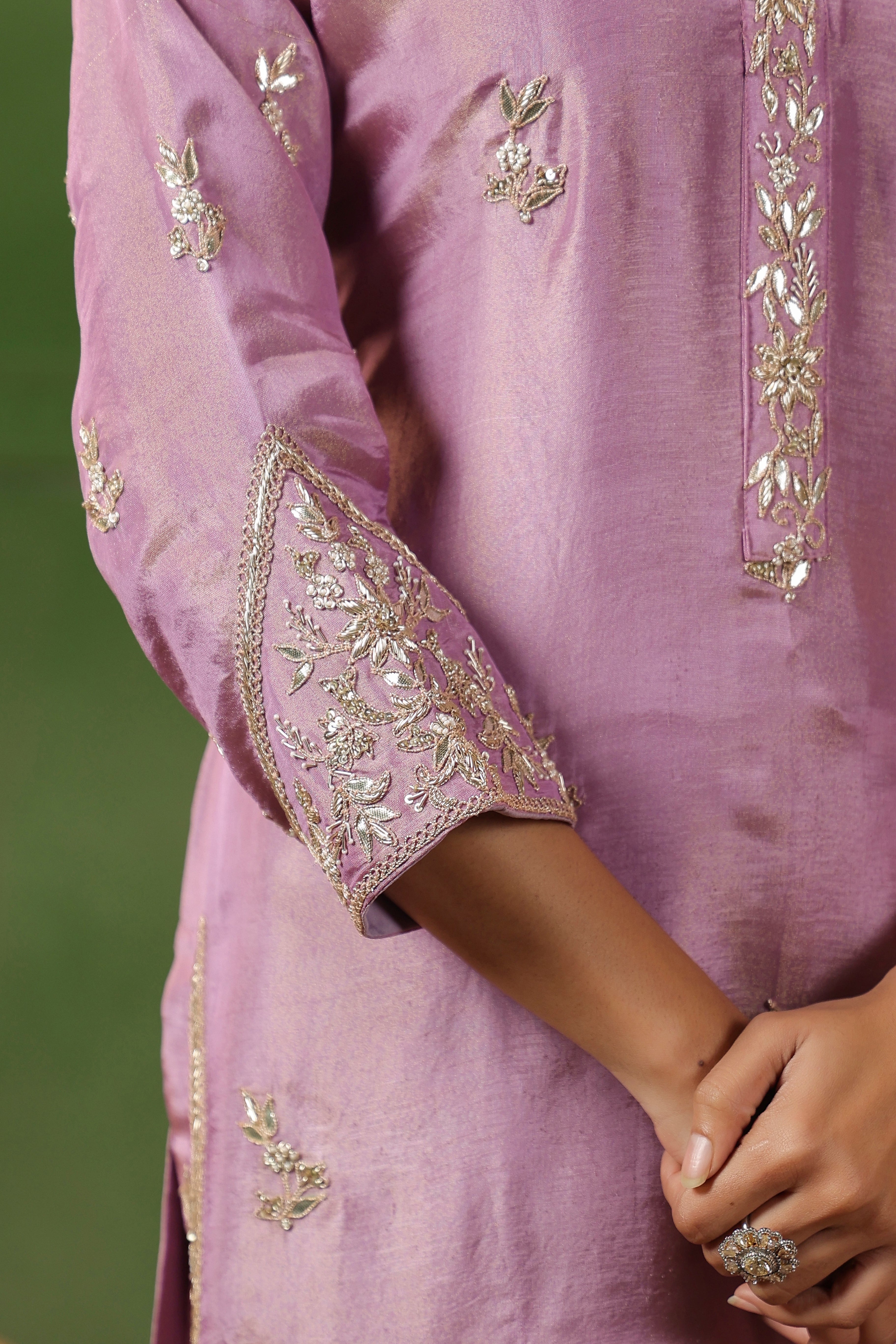 Lilac Pink Embellished Tissue Silk Kurta Set