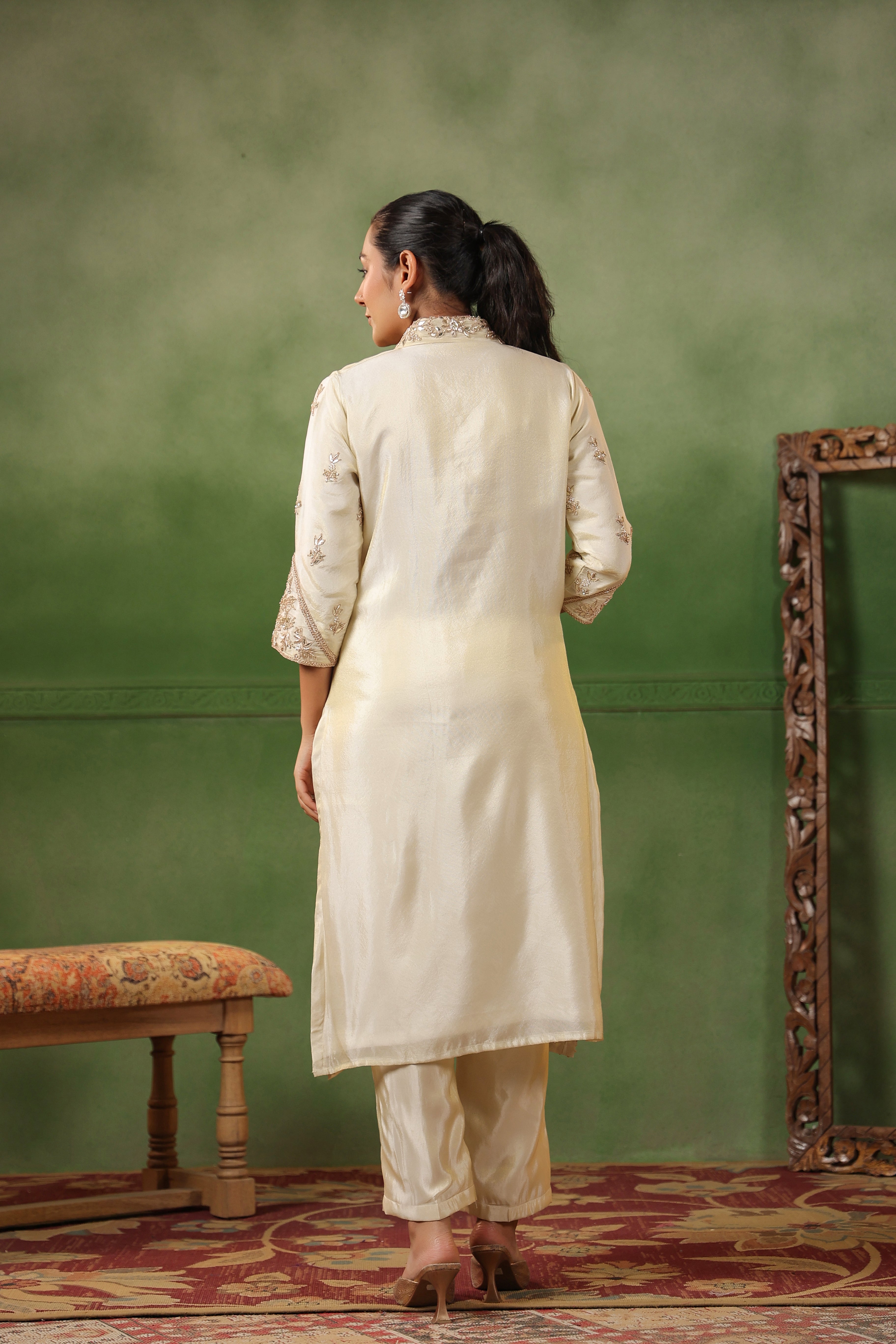 Off-White Embellished Tissue Silk Kurta Set