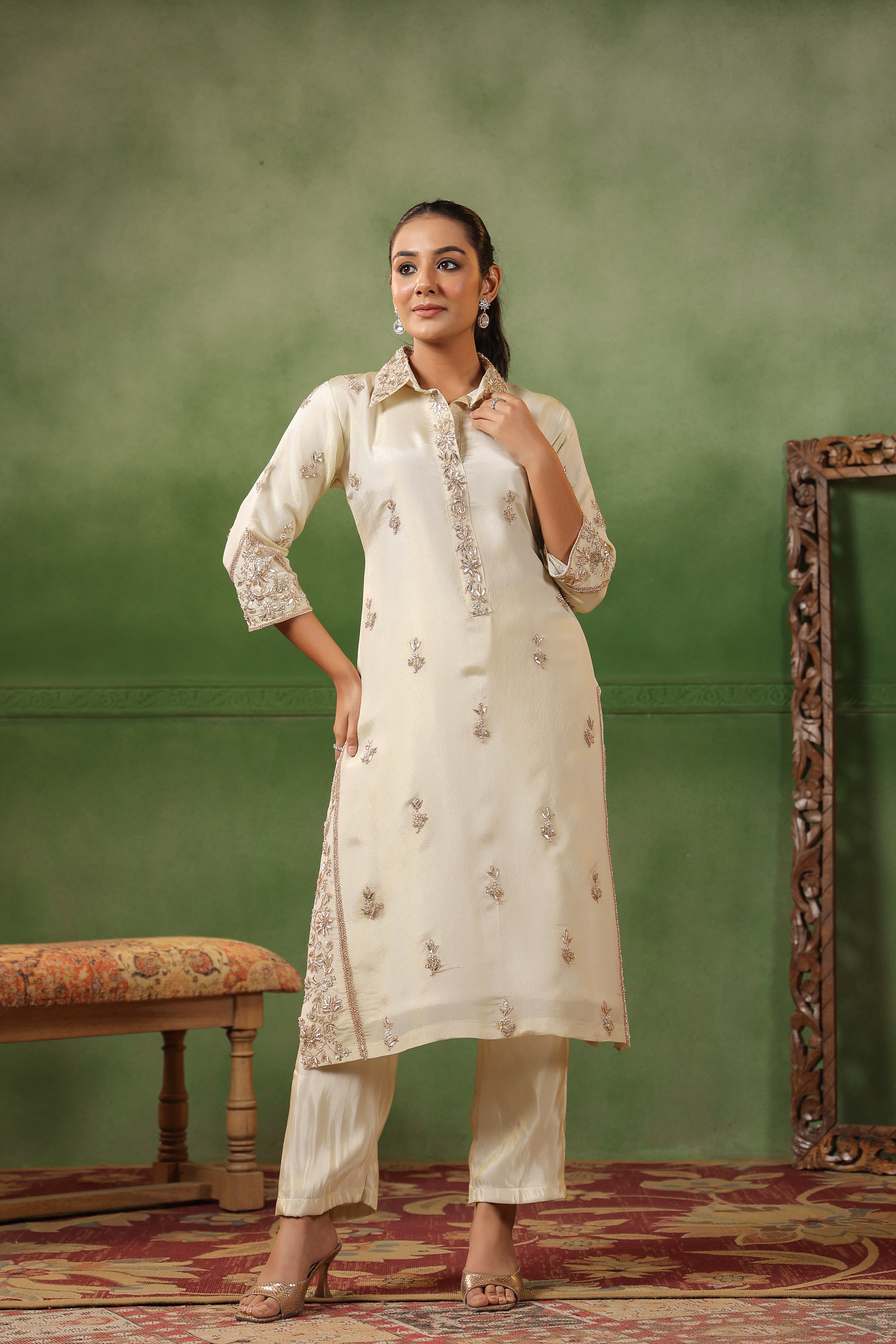 Off-White Embellished Tissue Silk Kurta Set