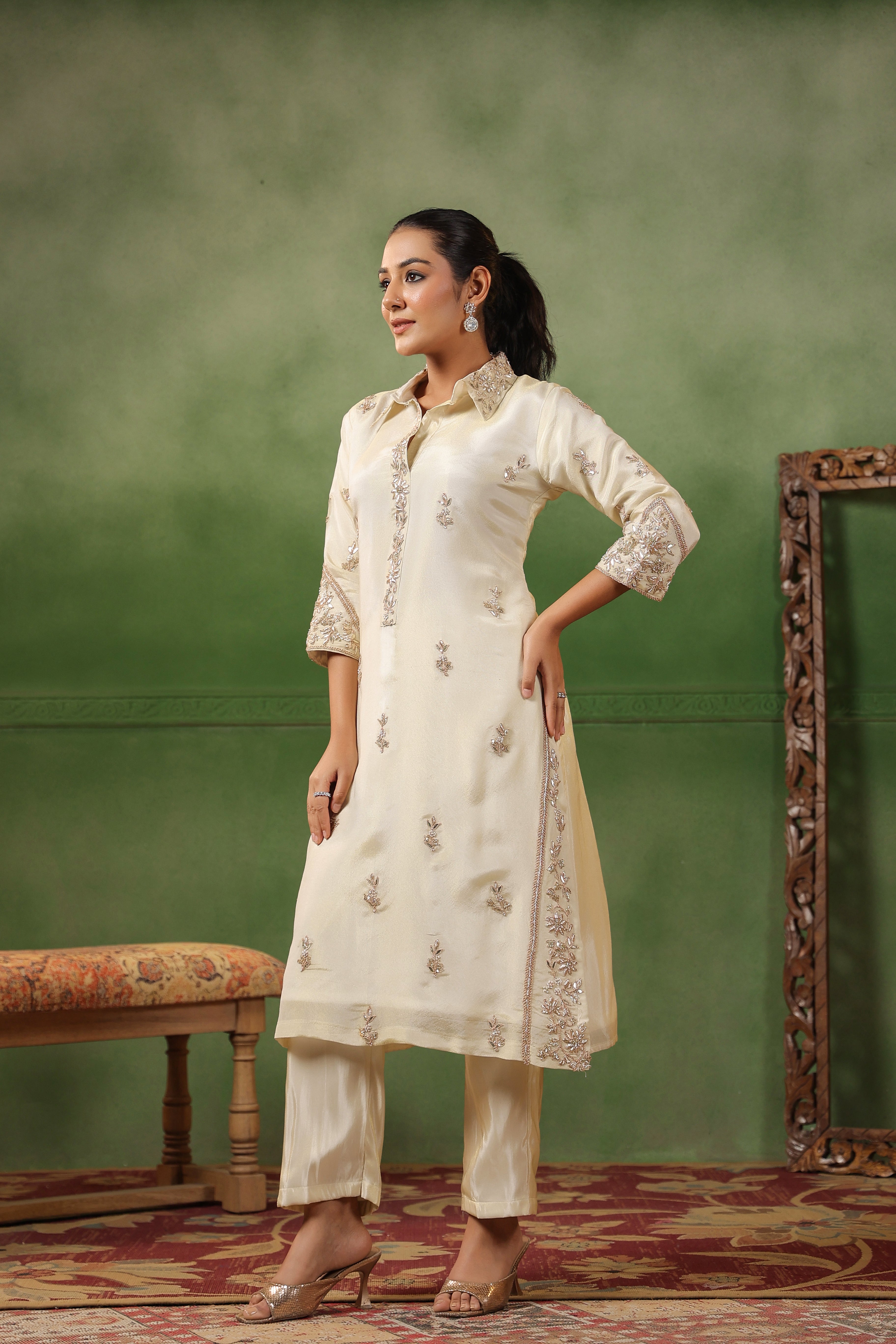 Off-White Embellished Tissue Silk Kurta Set