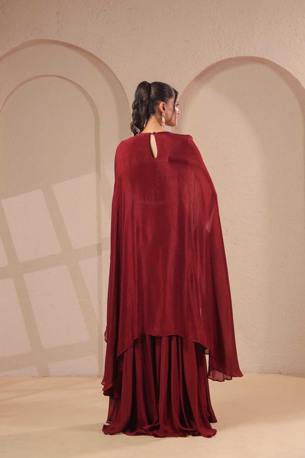 Deep Maroon Embellished Chinon Silk Palazzo Set
