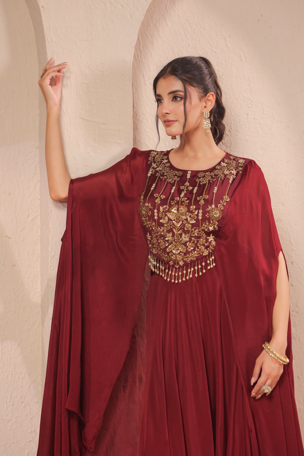 Deep Maroon Embellished Chinon Silk Palazzo Set