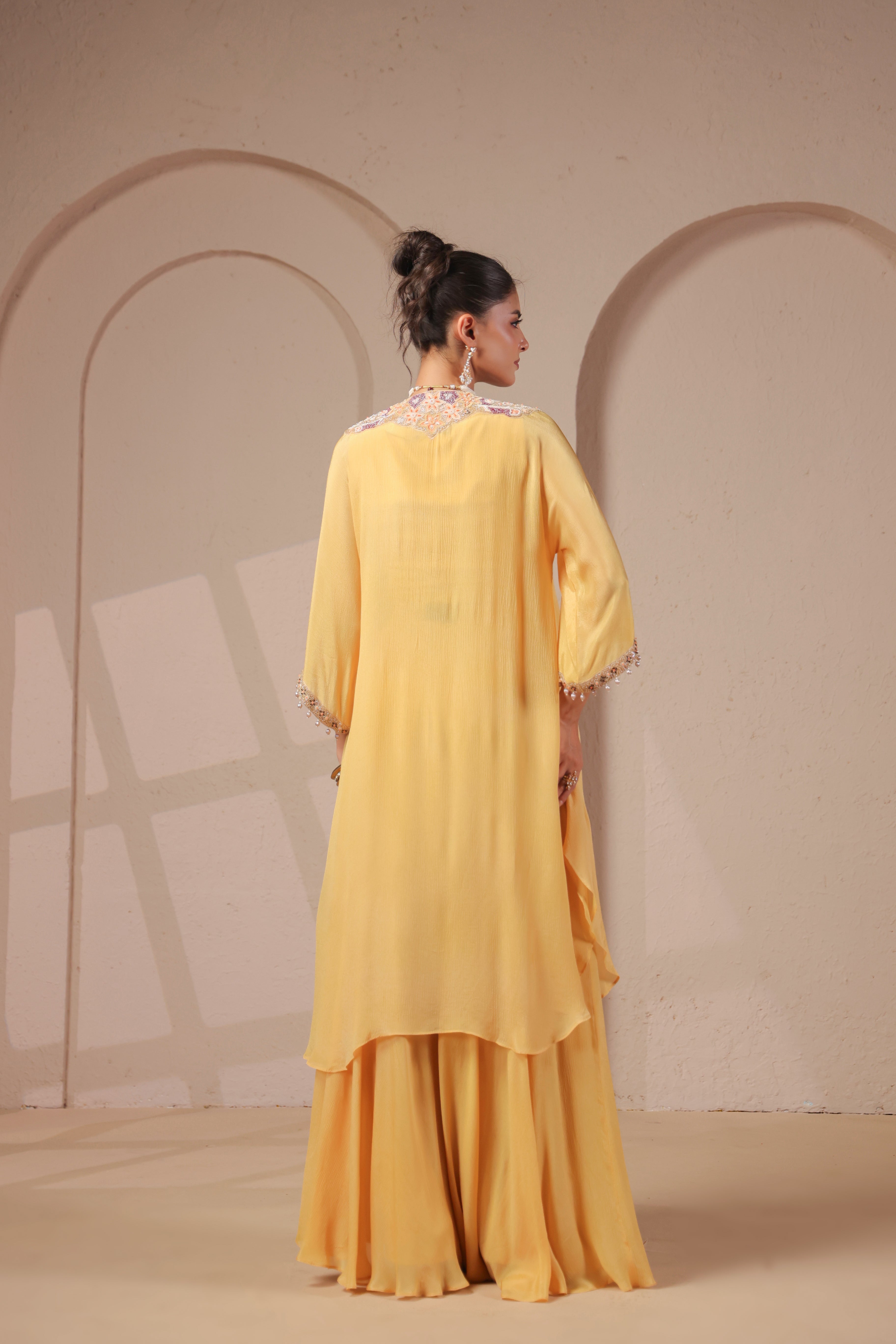 Pastel Yellow Embellished Chinon Silk Palazzo Set