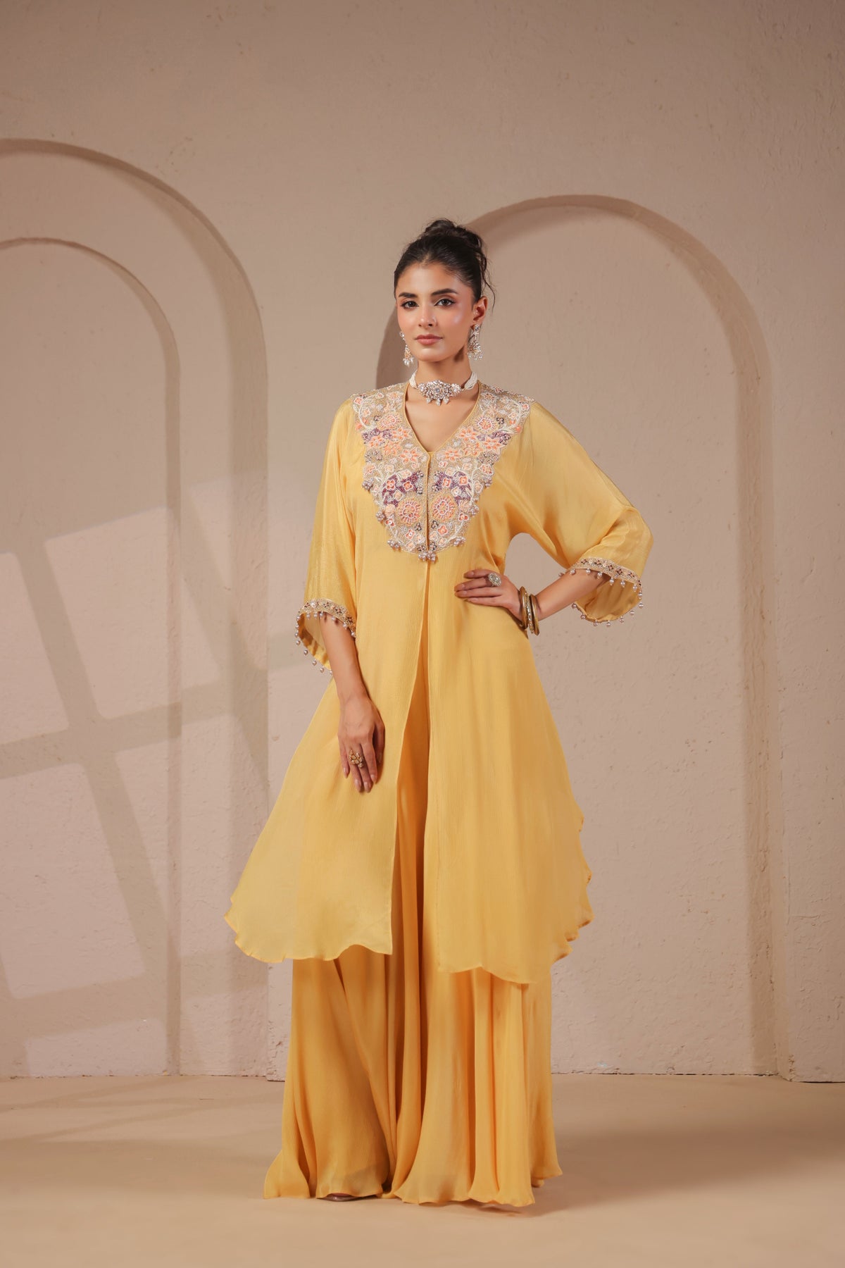 Pastel Yellow Embellished Chinon Silk Palazzo Set