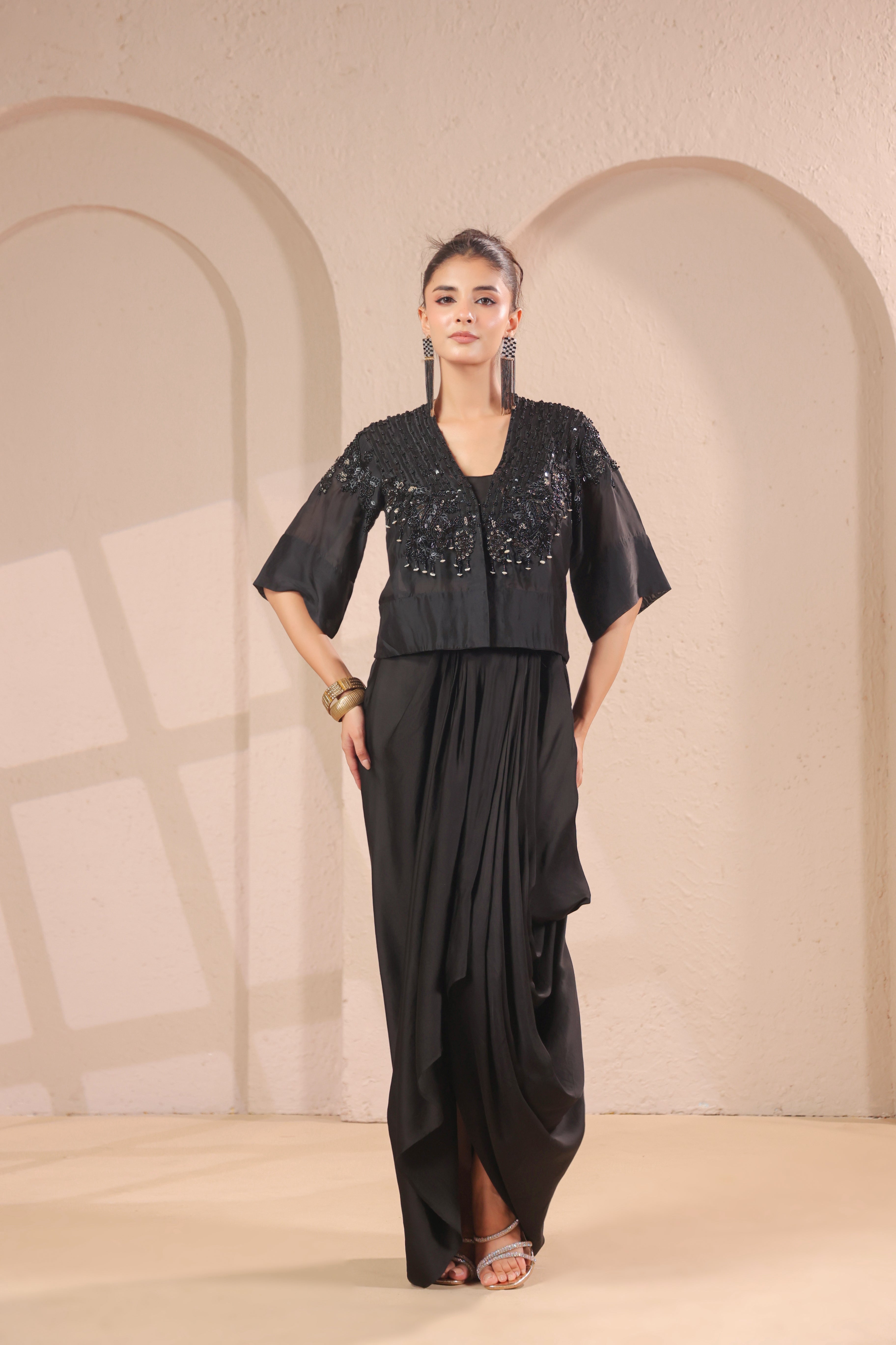 Midnight Black Embellished Modal Silk Skirt Set