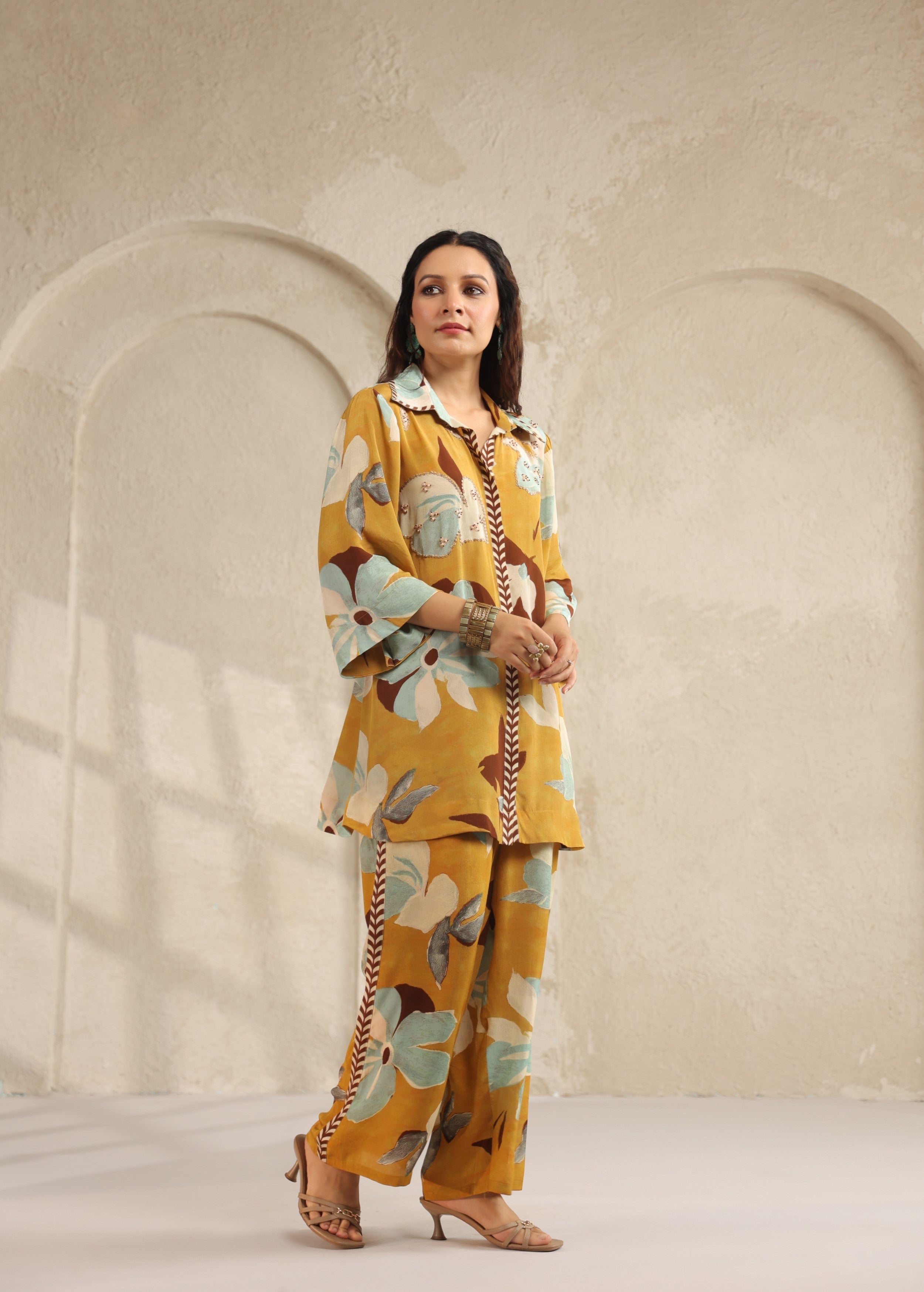 Mustard Yellow Floral Printed Viscose Crepe Co-Ord Set