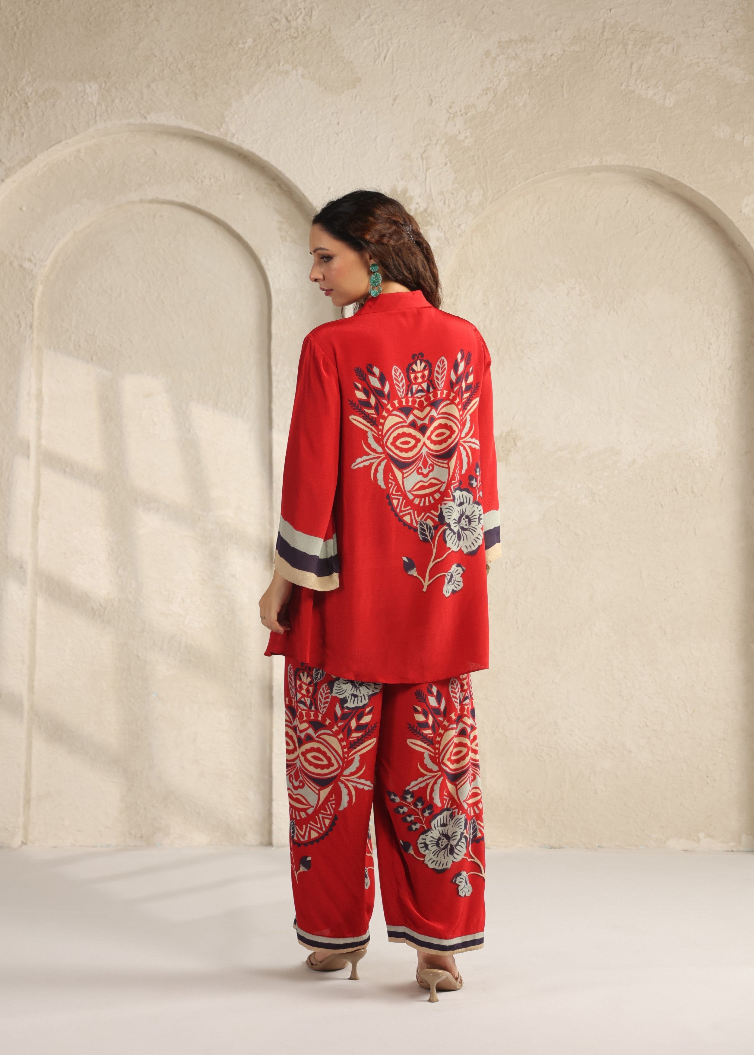 Scarlet Red Tribal Printed Viscose Crepe Co-Ord Set