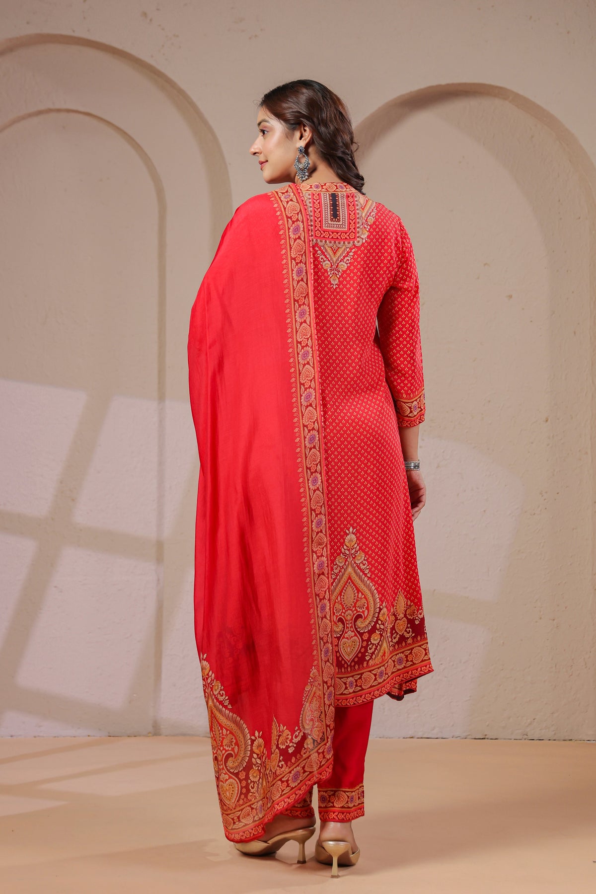 Coral Red Printed Crepe Silk Pant Set