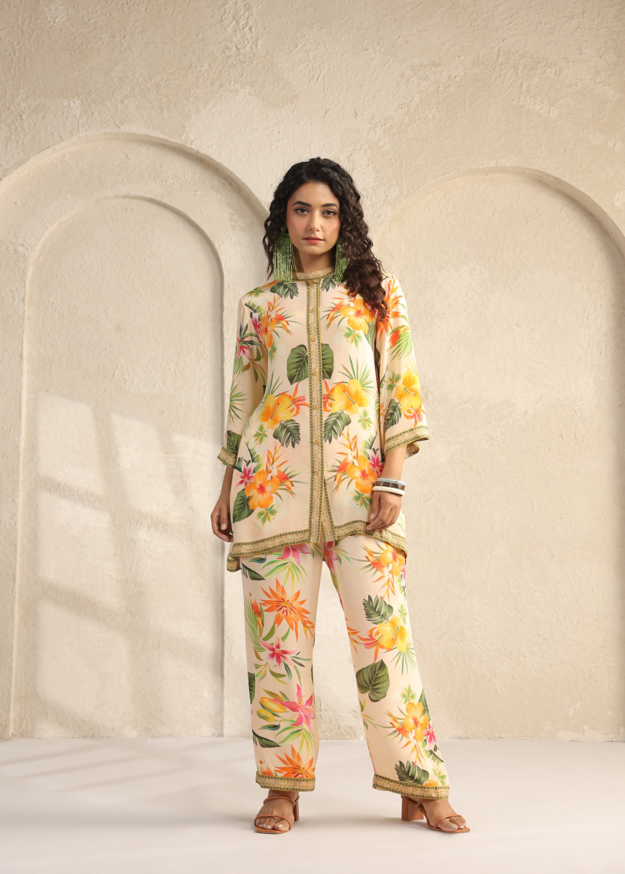 Cream Tropical Printed Viscose Crepe Co-Ord Set