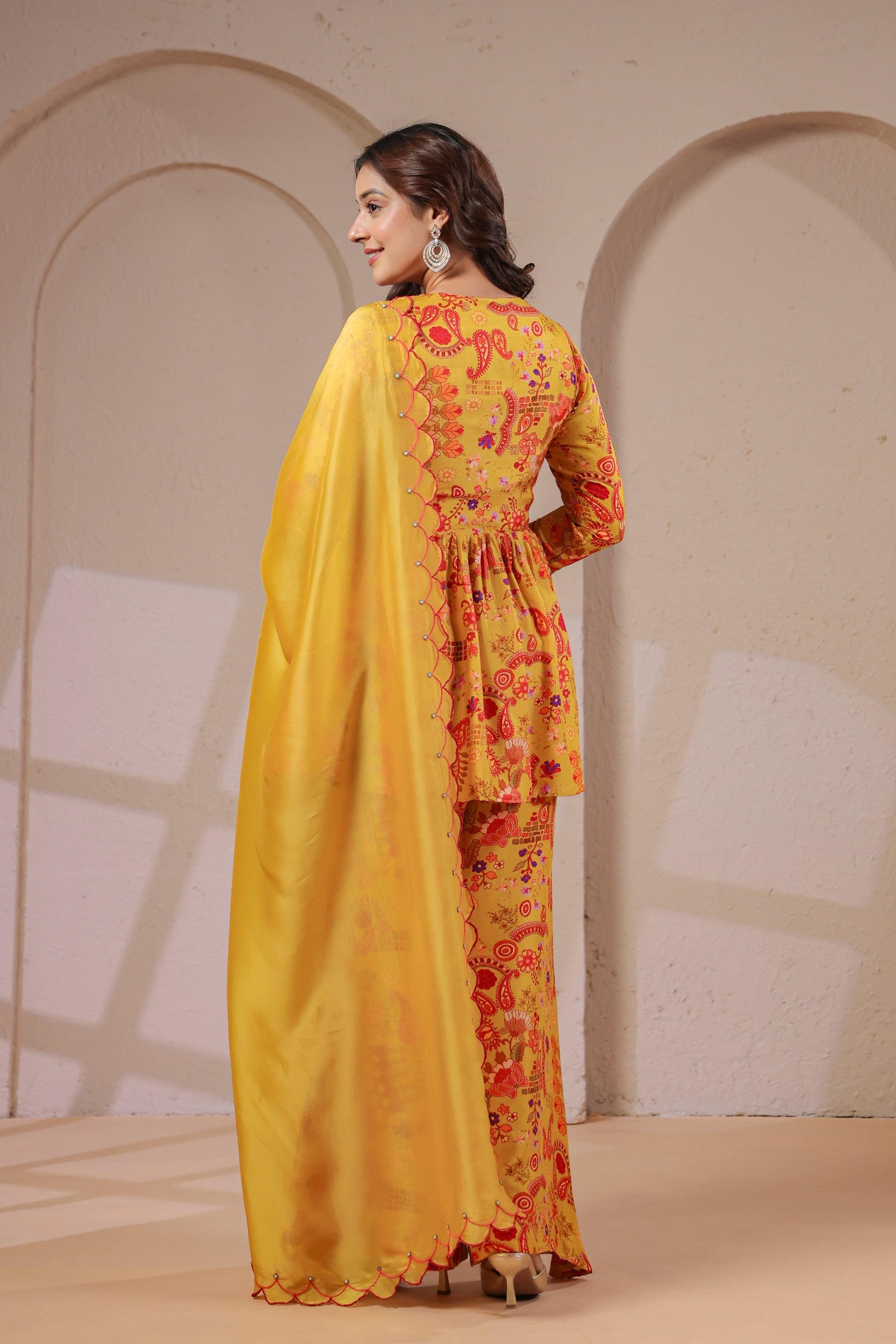 Yellow Paisley Printed Dola Silk Palazzo Set