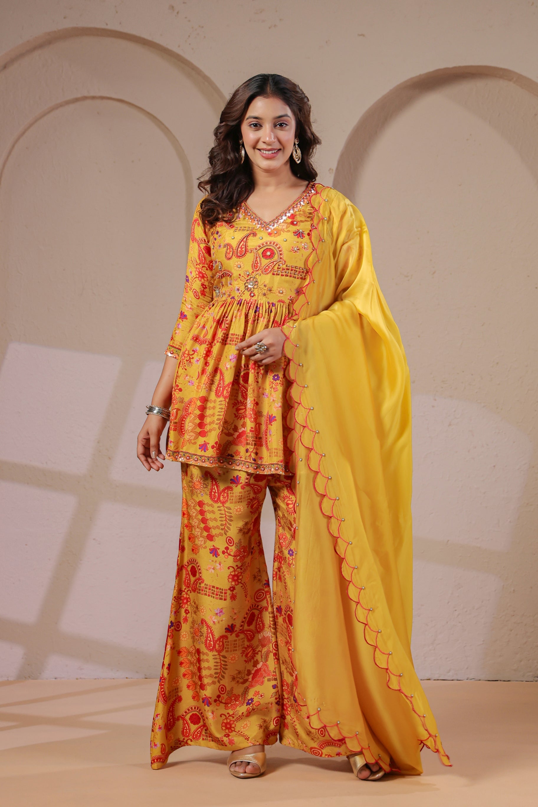 Yellow Paisley Printed Dola Silk Palazzo Set
