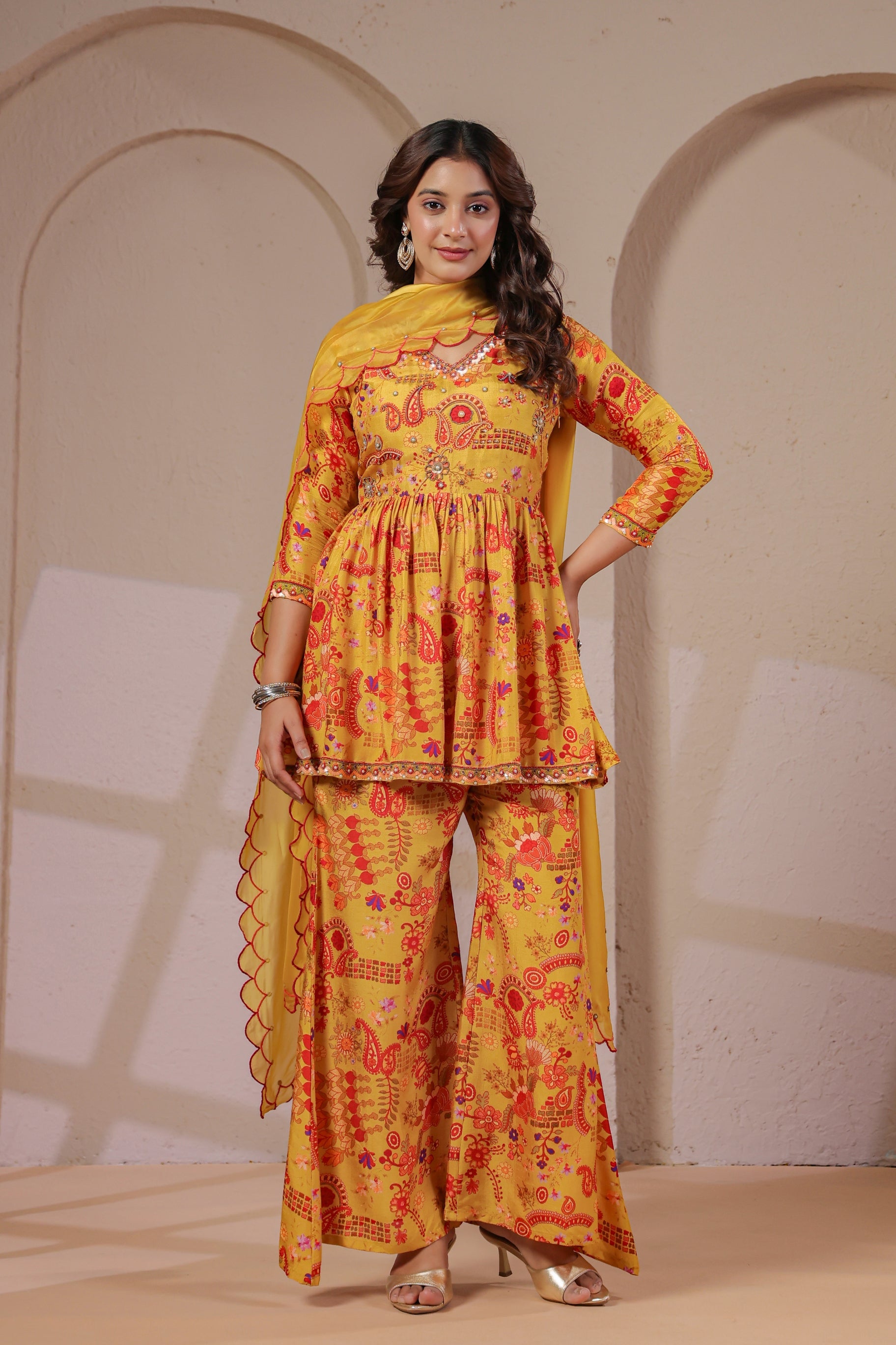 Yellow Paisley Printed Dola Silk Palazzo Set