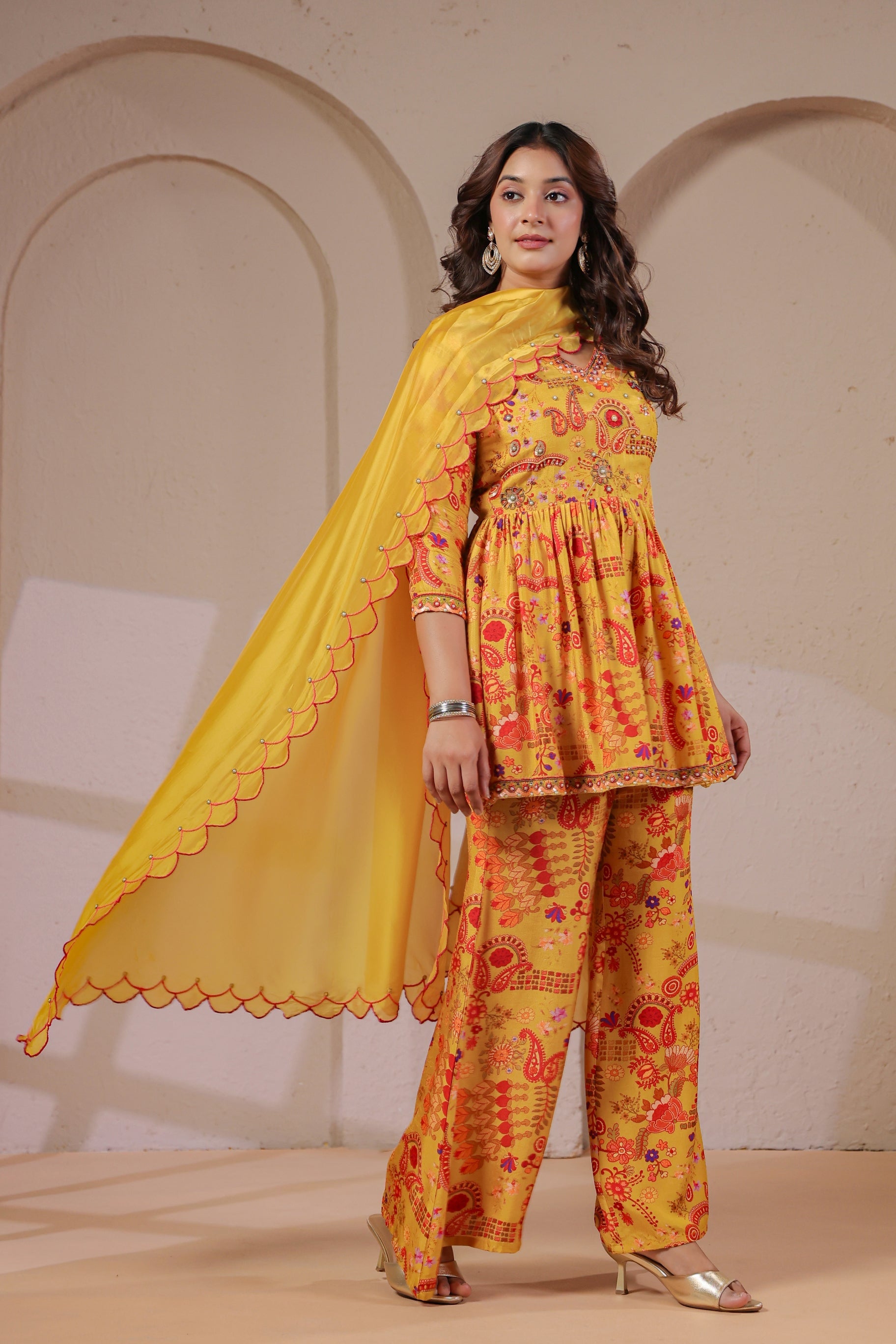 Yellow Paisley Printed Dola Silk Palazzo Set