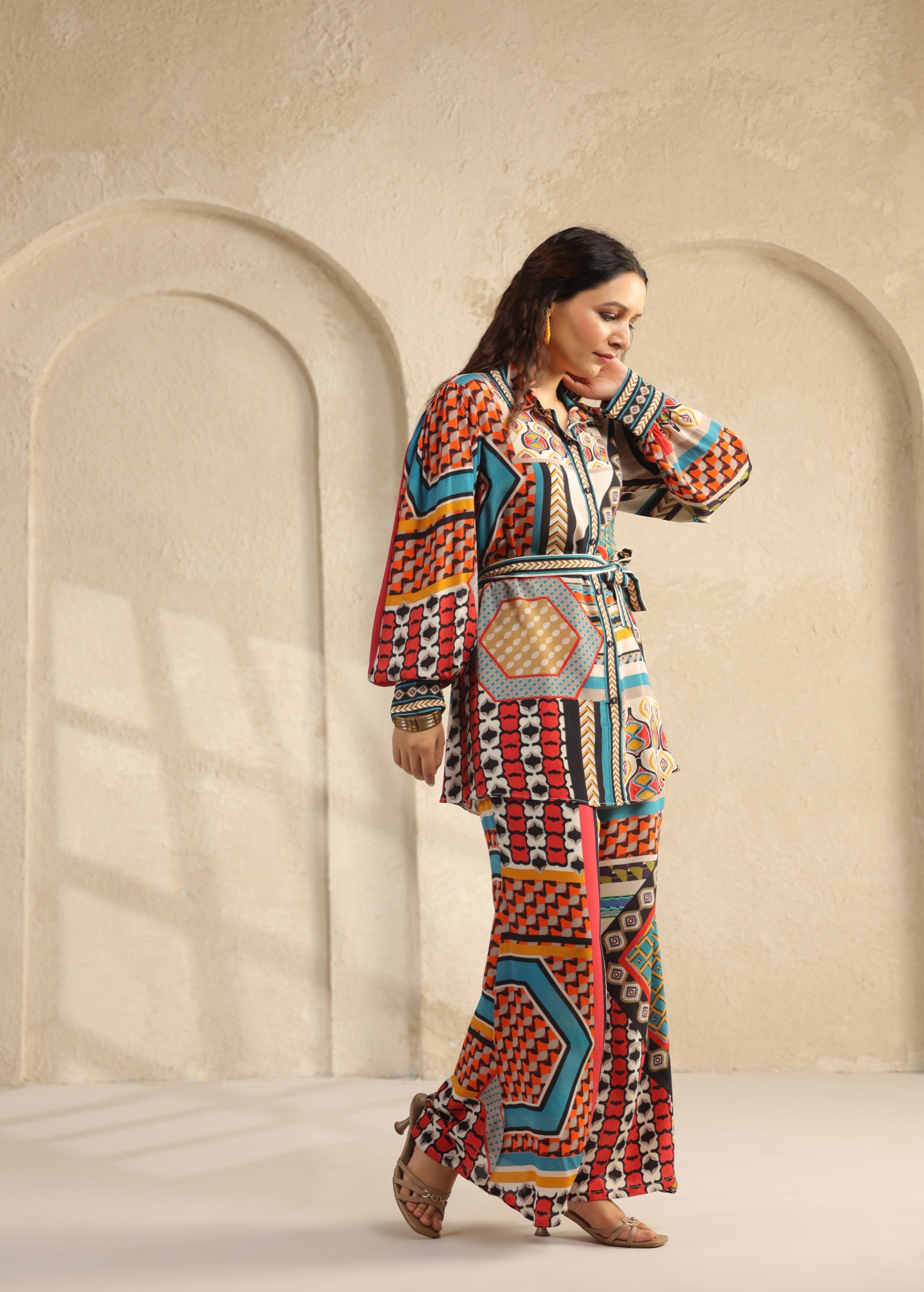 Multi-Color Geometric Printed Viscose Crepe Co-Ord Set