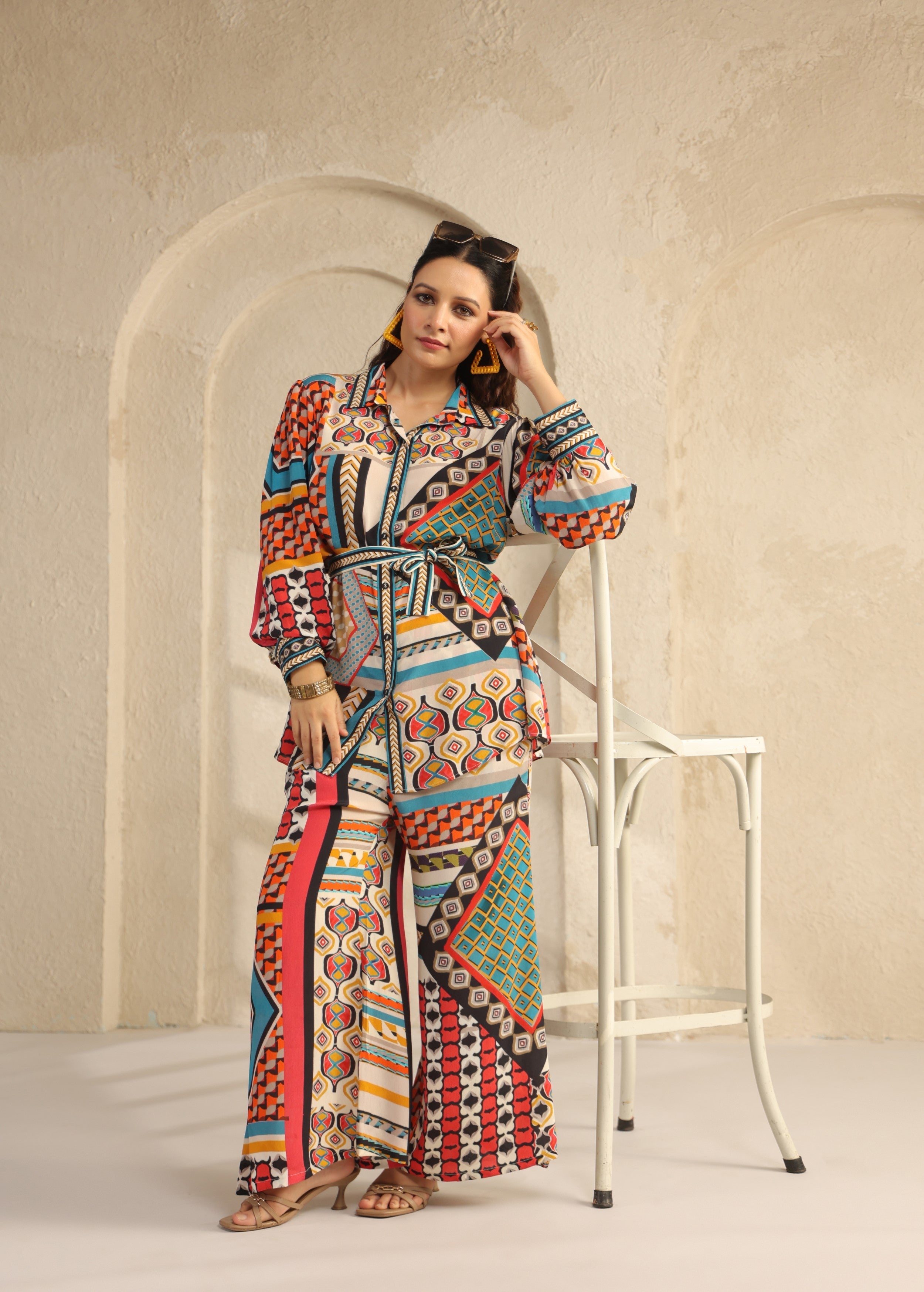Multi-Color Geometric Printed Viscose Crepe Co-Ord Set