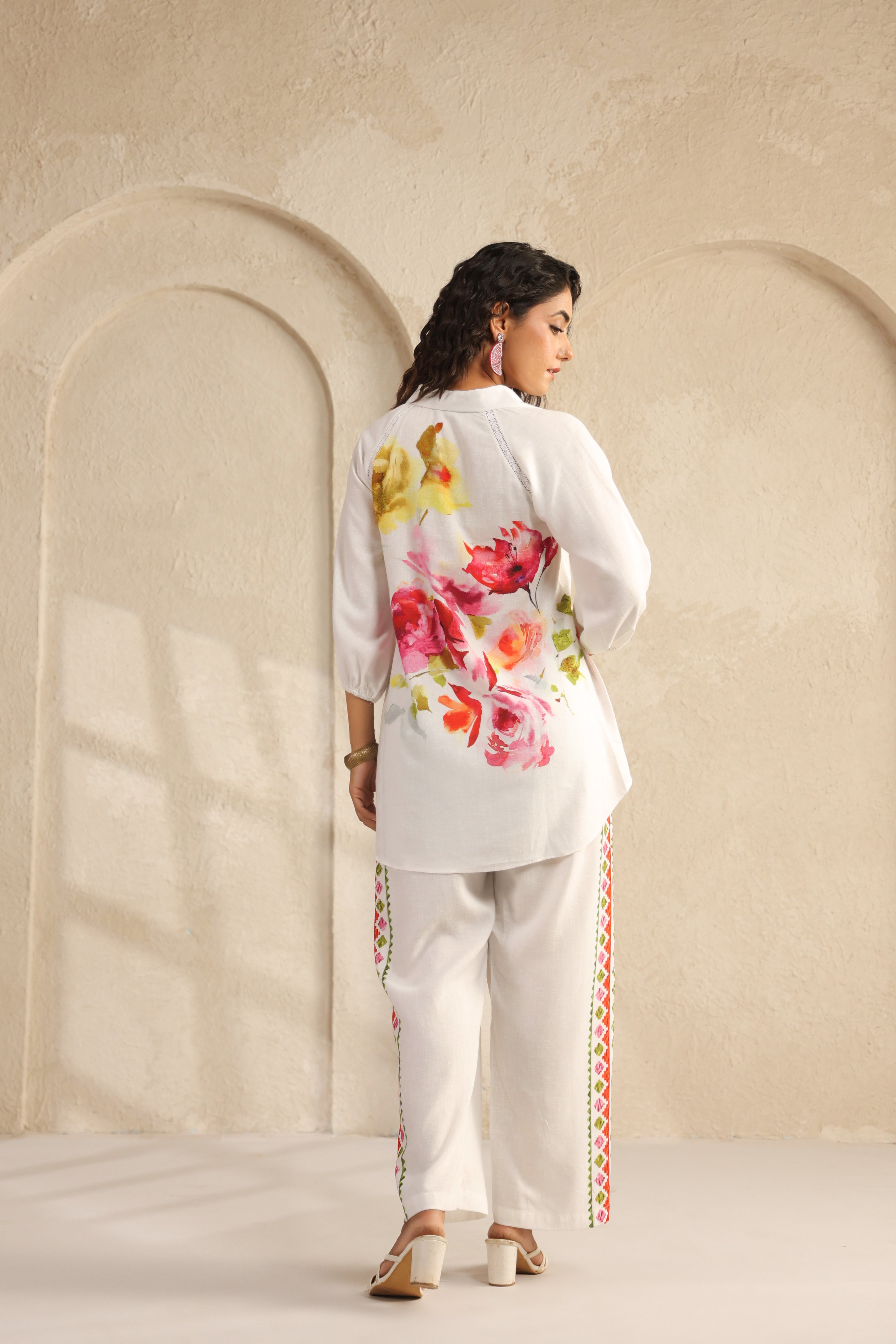 Ivory Floral Printed Pure Linen Co-Ord Set