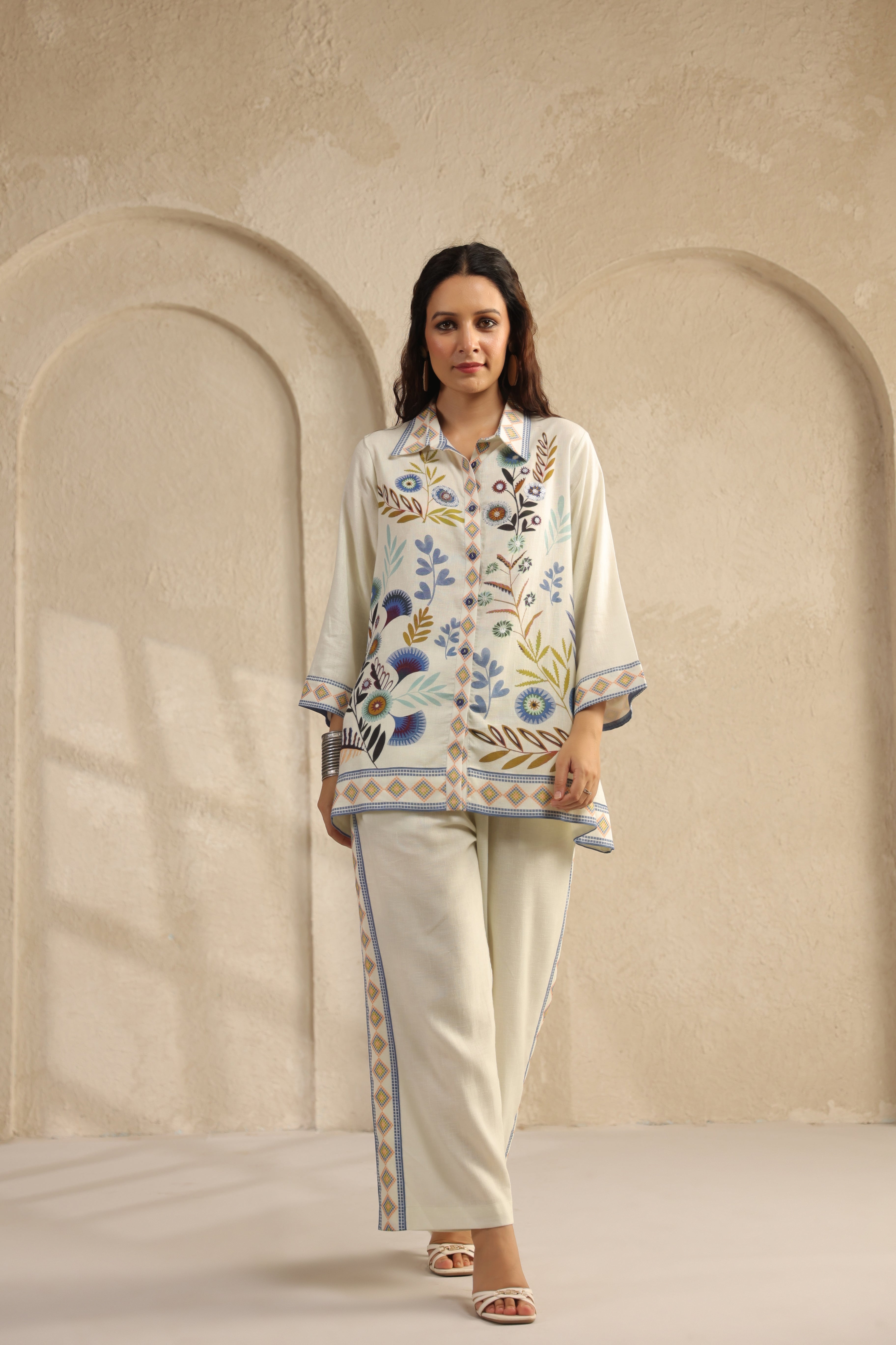 Chalk White Floral Printed Pure Linen Co-Ord Set