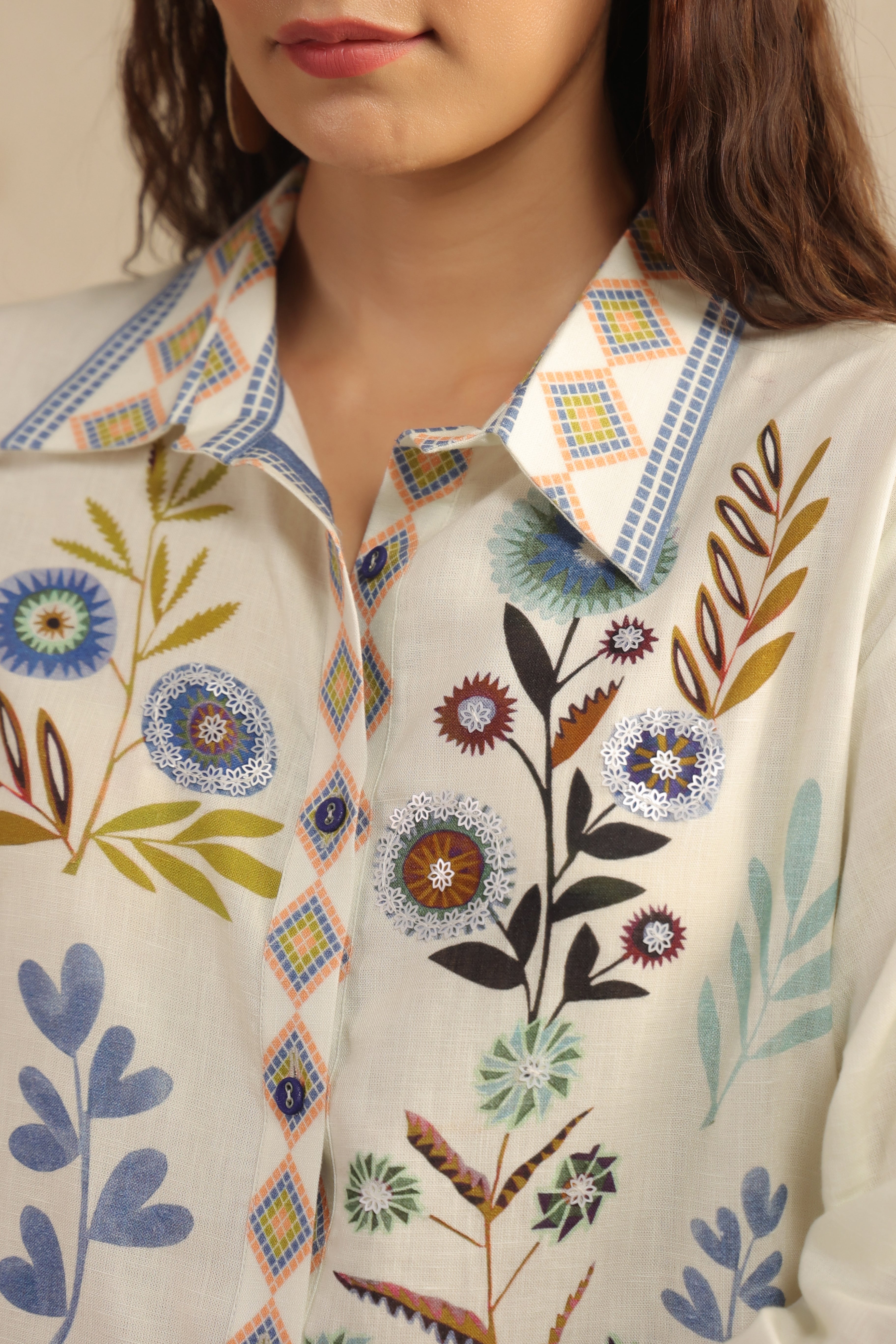 Chalk White Floral Printed Pure Linen Co-Ord Set