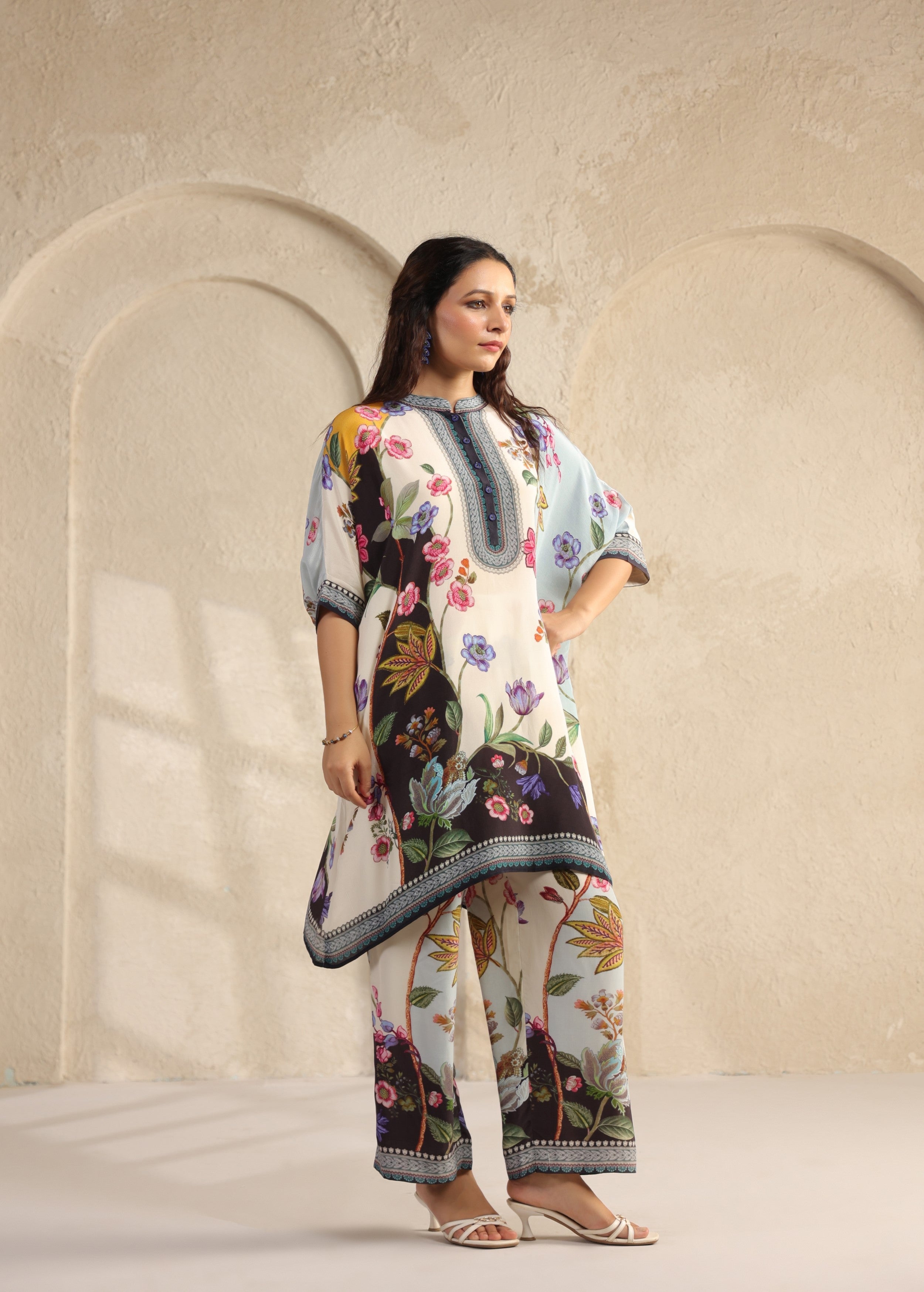 Ivory Floral Printed Viscose Crepe Co-Ord Set
