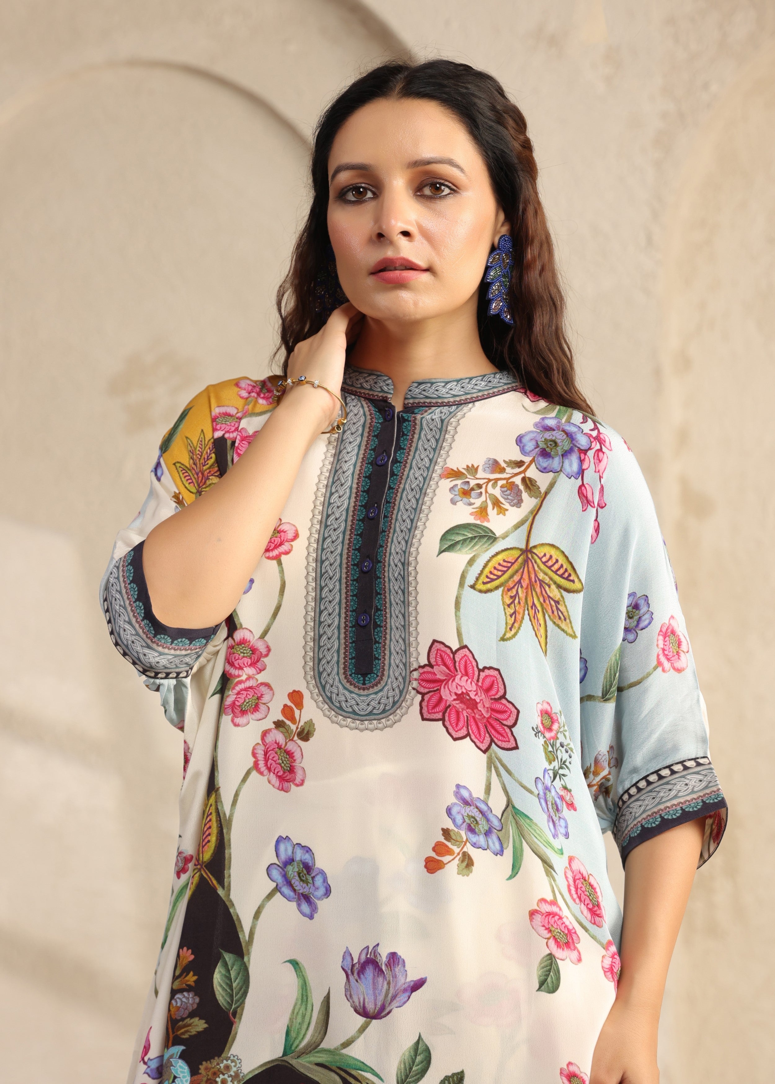 Ivory Floral Printed Viscose Crepe Co-Ord Set