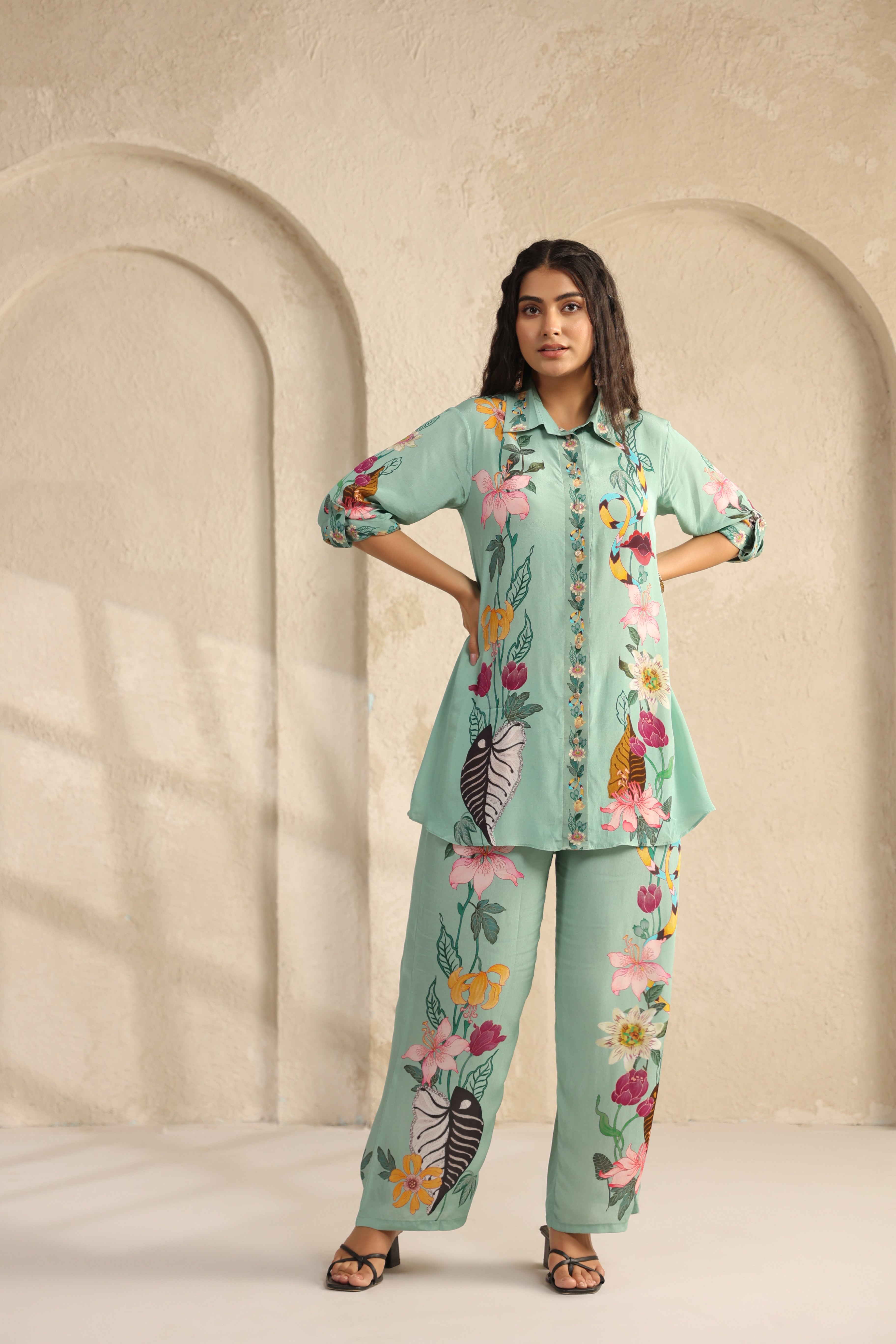 Seafoam Green Printed Viscose Crepe Co-Ord Set