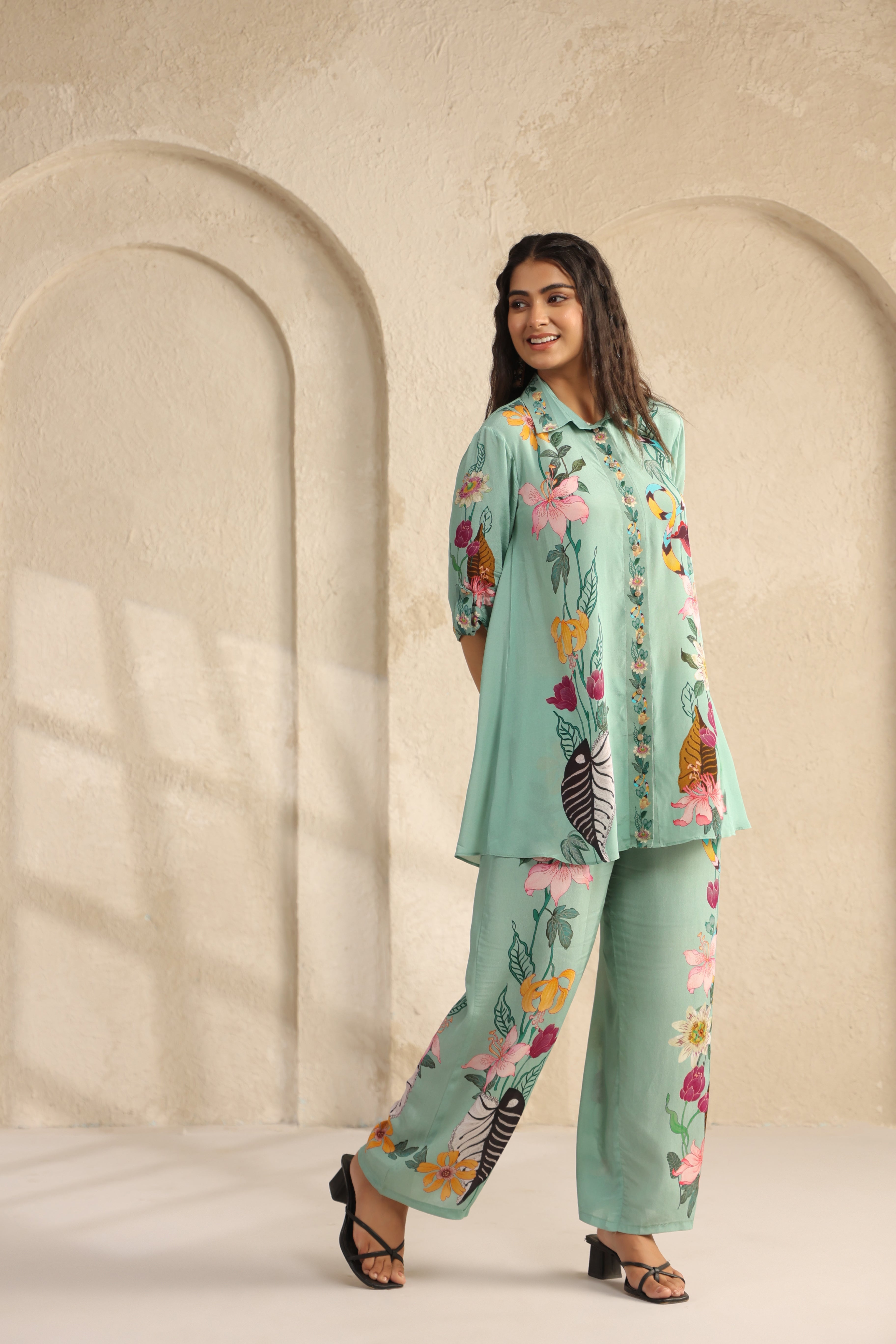 Seafoam Green Printed Viscose Crepe Co-Ord Set