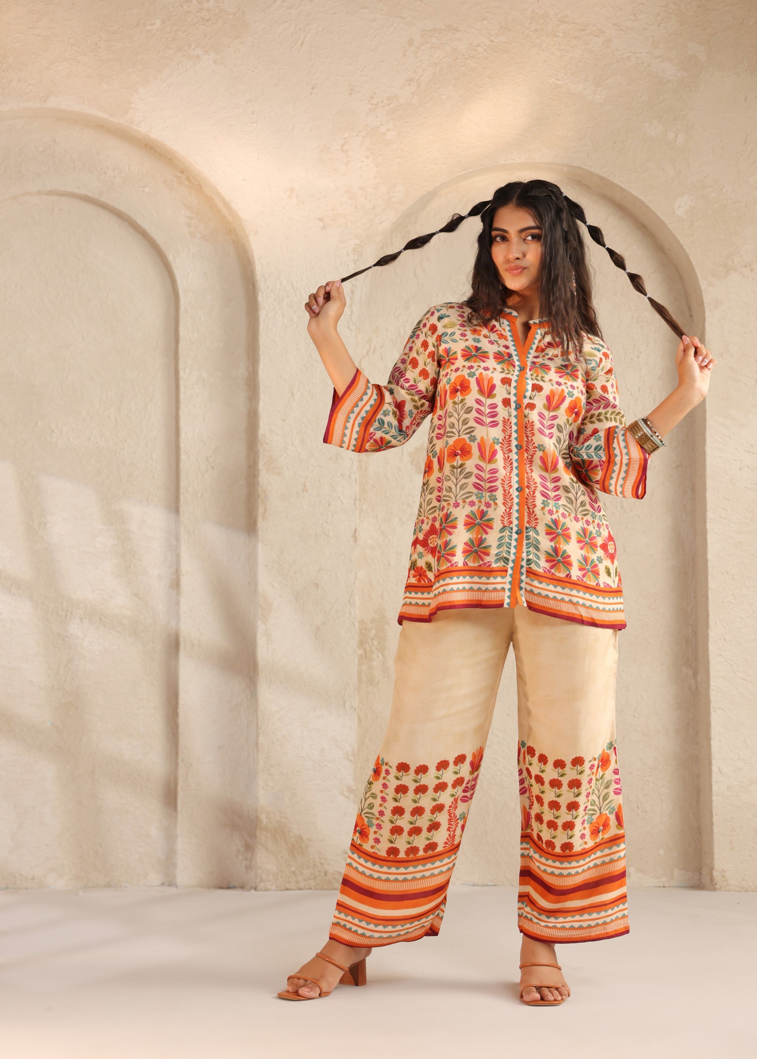 Beige Floral Printed Pure Linen Co-Ord Set