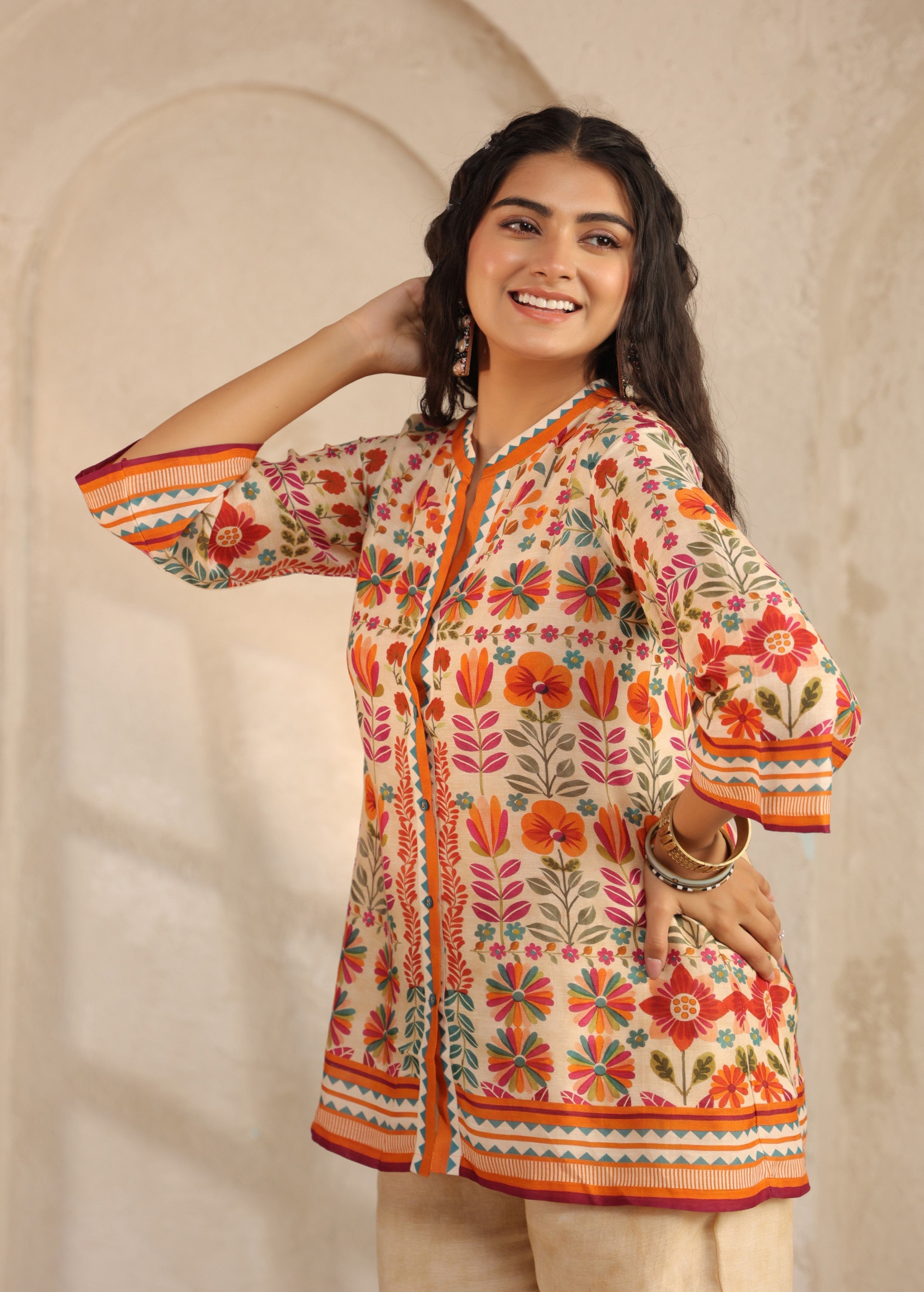 Beige Floral Printed Pure Linen Co-Ord Set