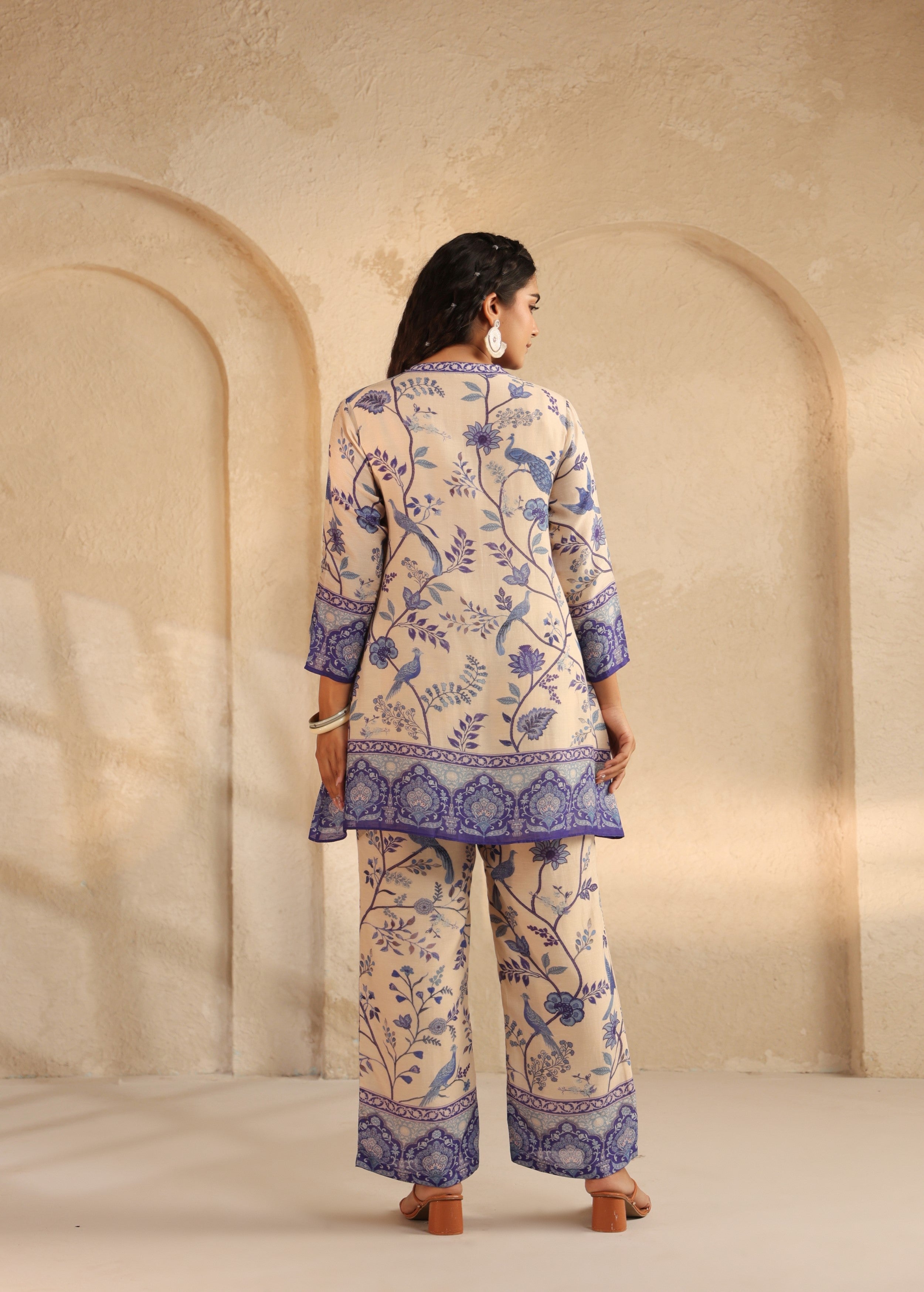 Beige and Indigo Printed Pure Linen Co-Ord Set