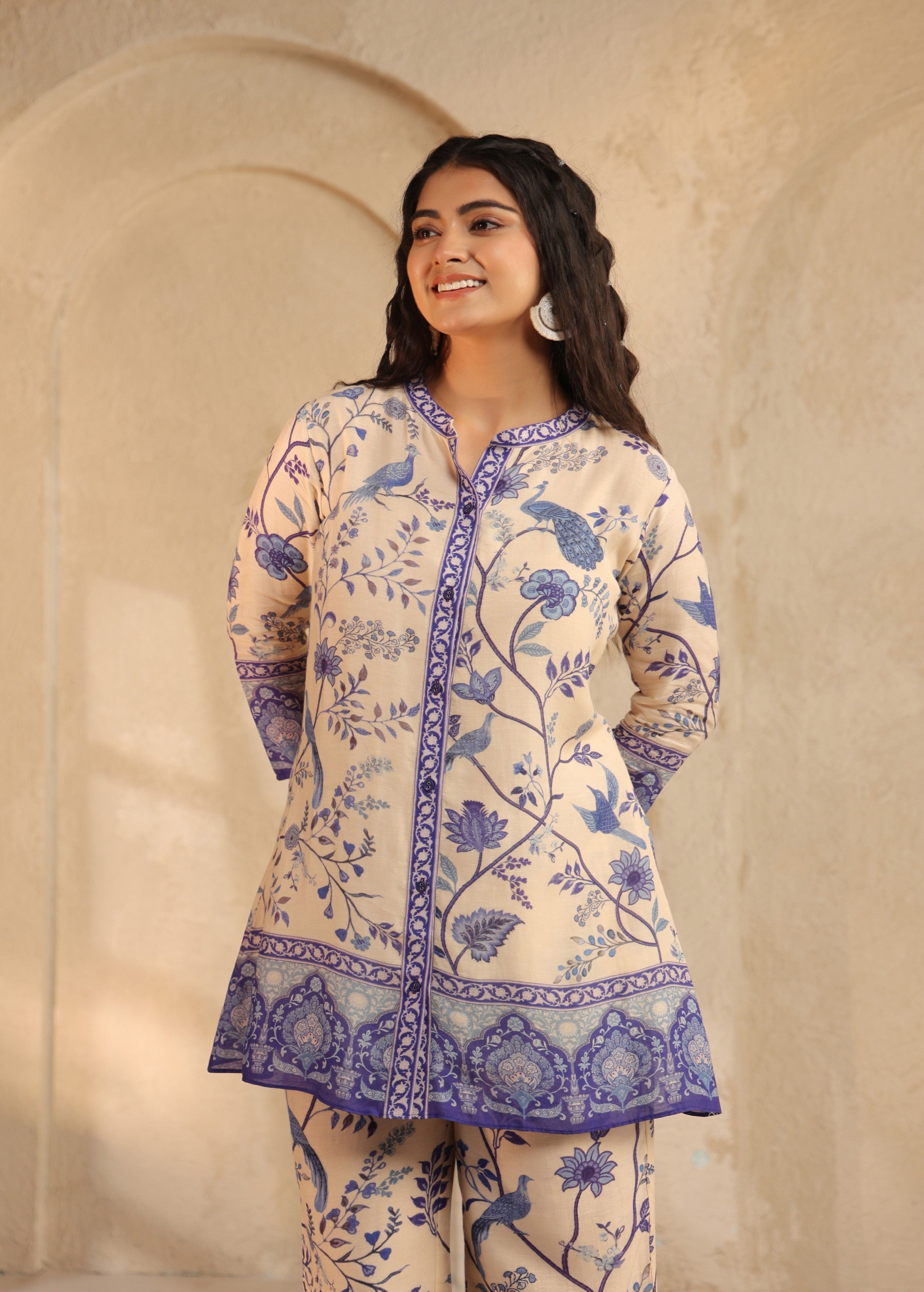 Beige and Indigo Printed Pure Linen Co-Ord Set
