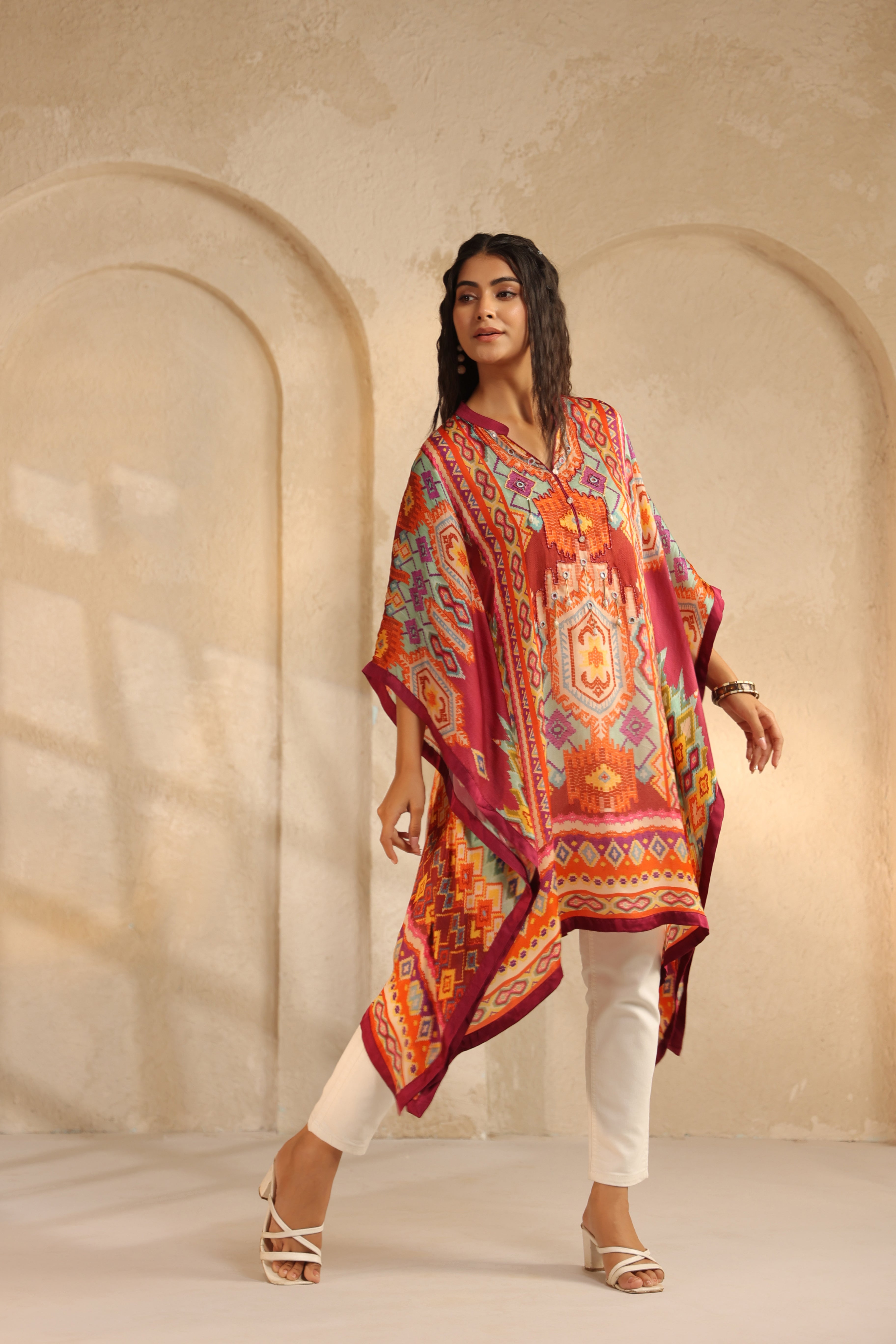 Multi-Color Ikat Printed Satin Silk Poncho Top