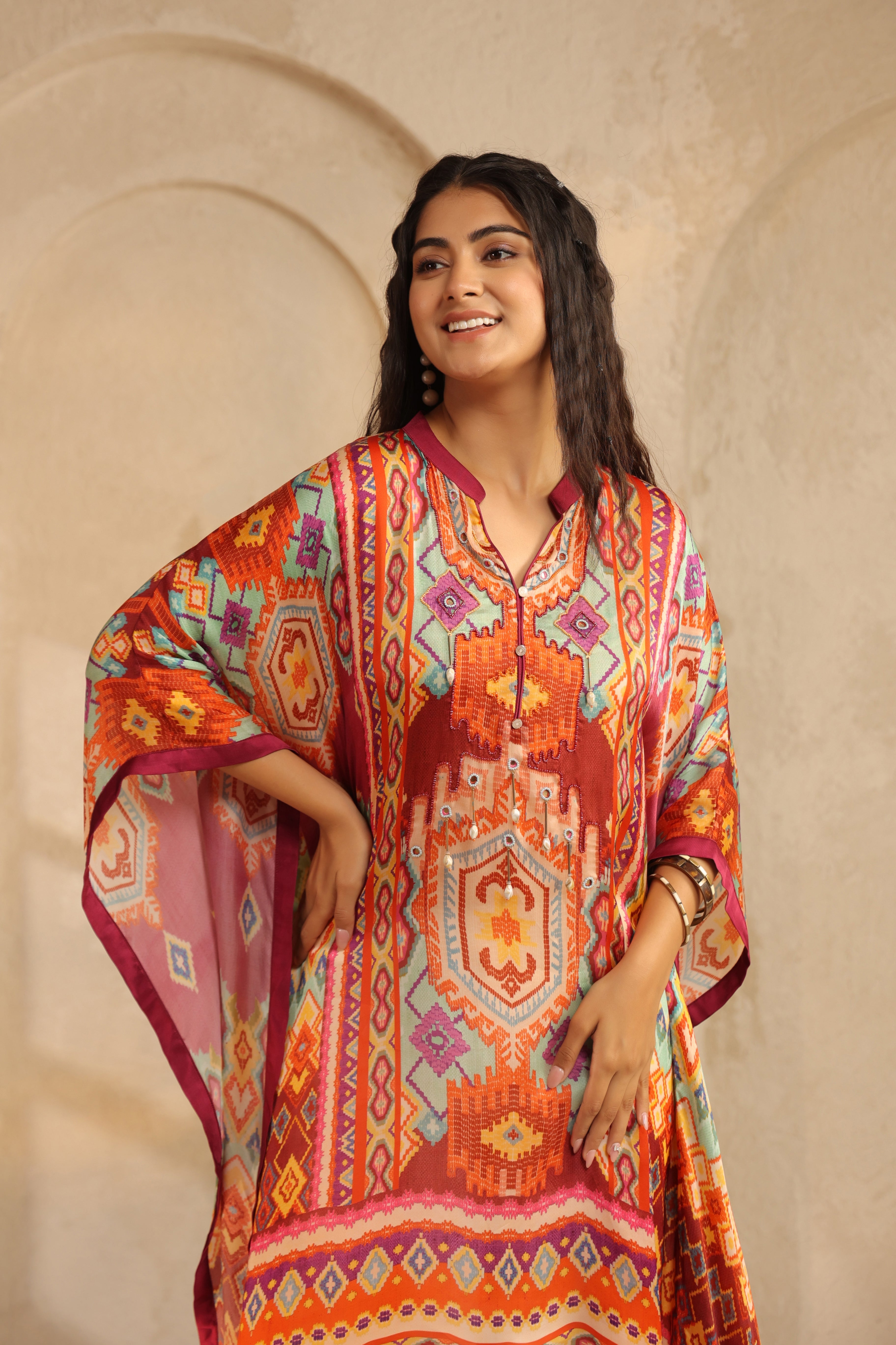Multi-Color Ikat Printed Satin Silk Poncho Top