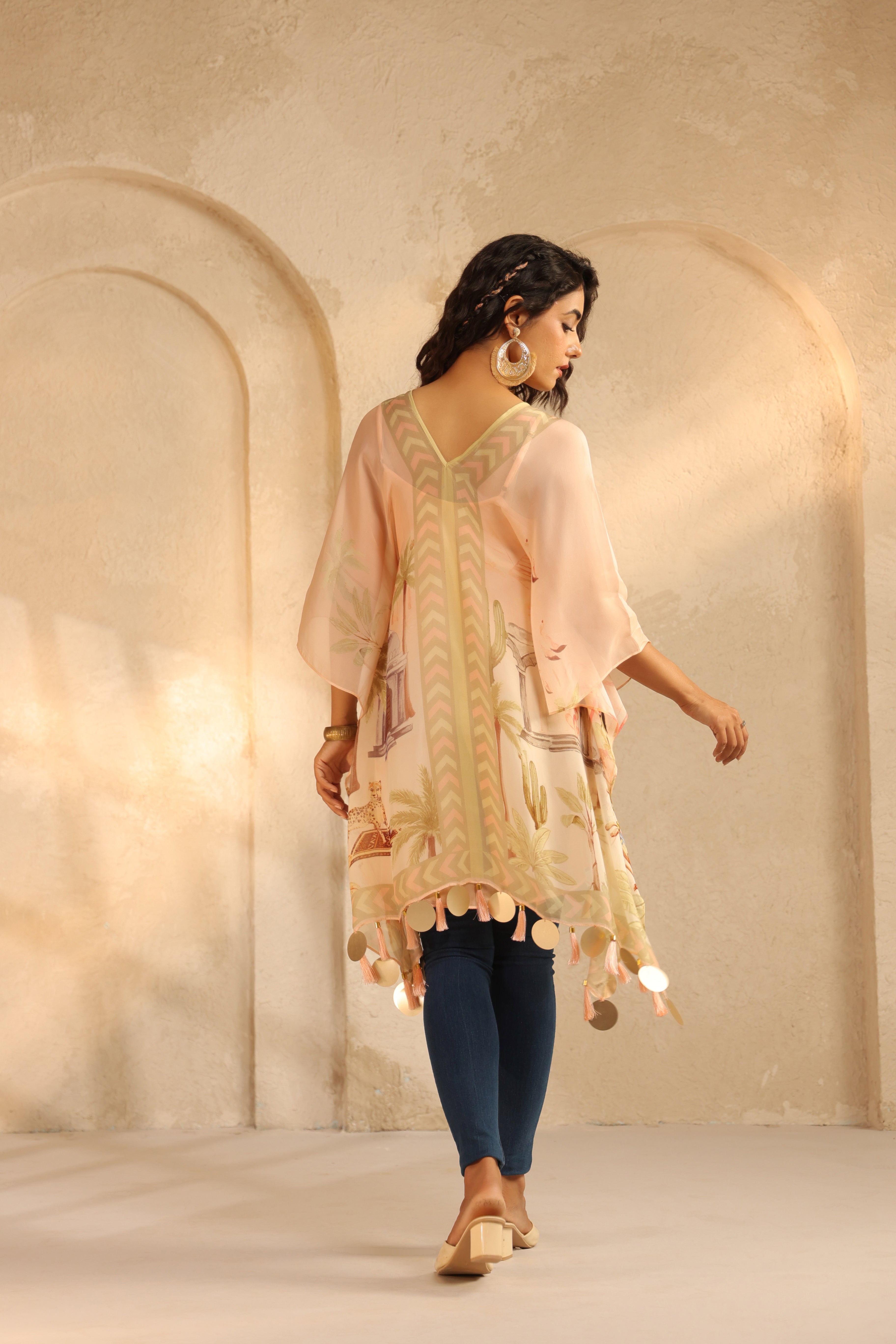 Pastel Peach Printed Viscose Organza Poncho Top