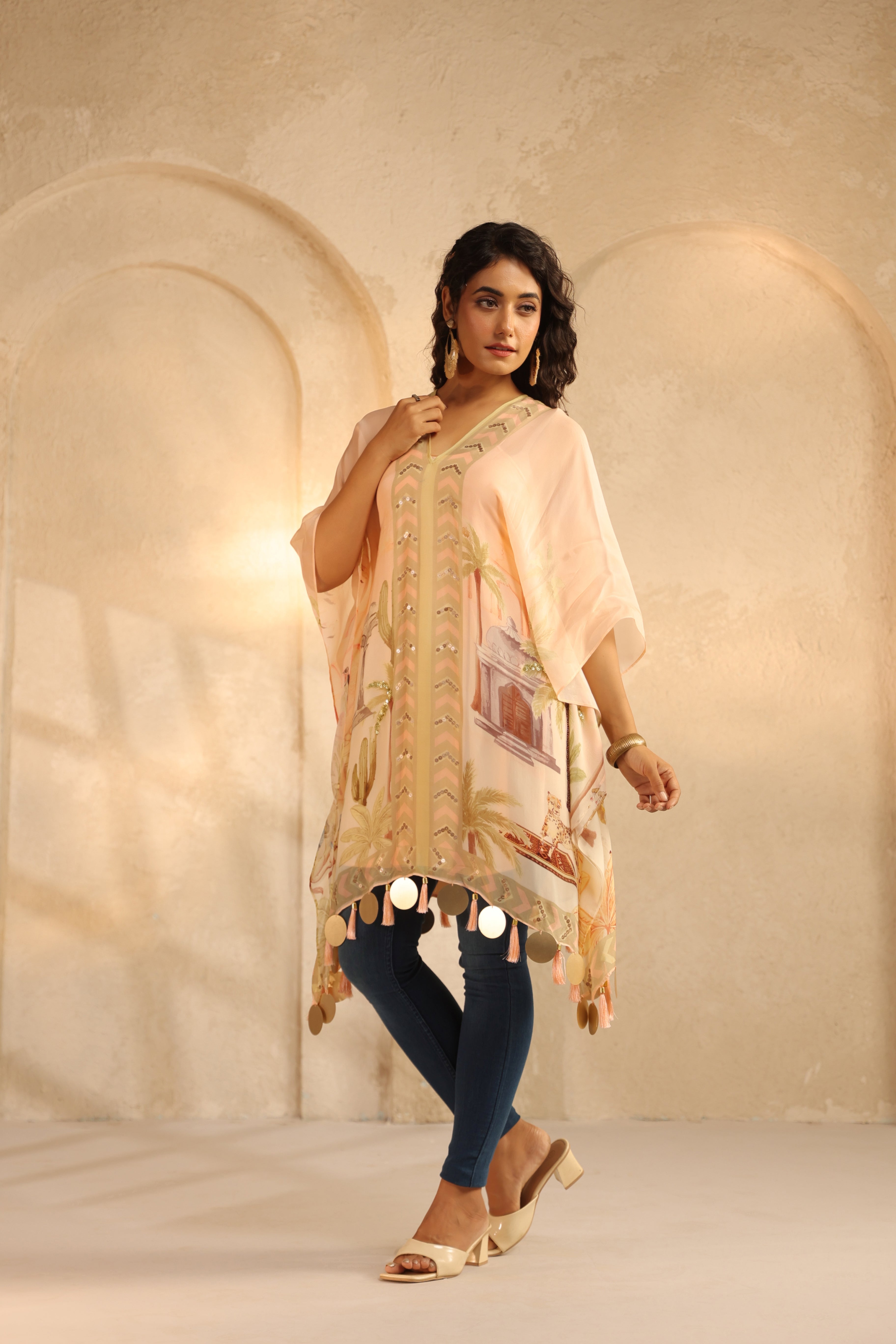 Pastel Peach Printed Viscose Organza Poncho Top