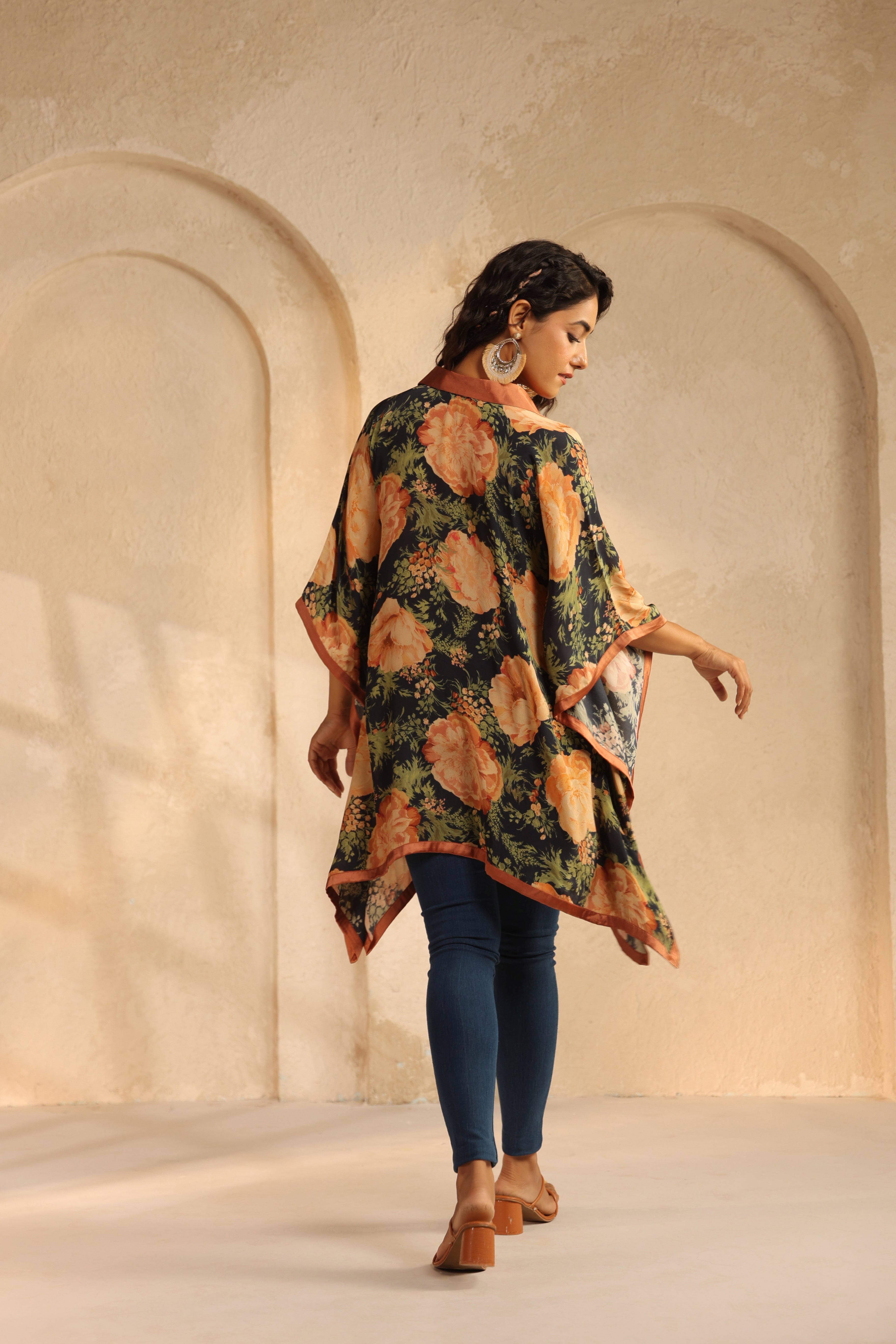 Charcoal Black Printed Viscose Crepe Kaftan Top