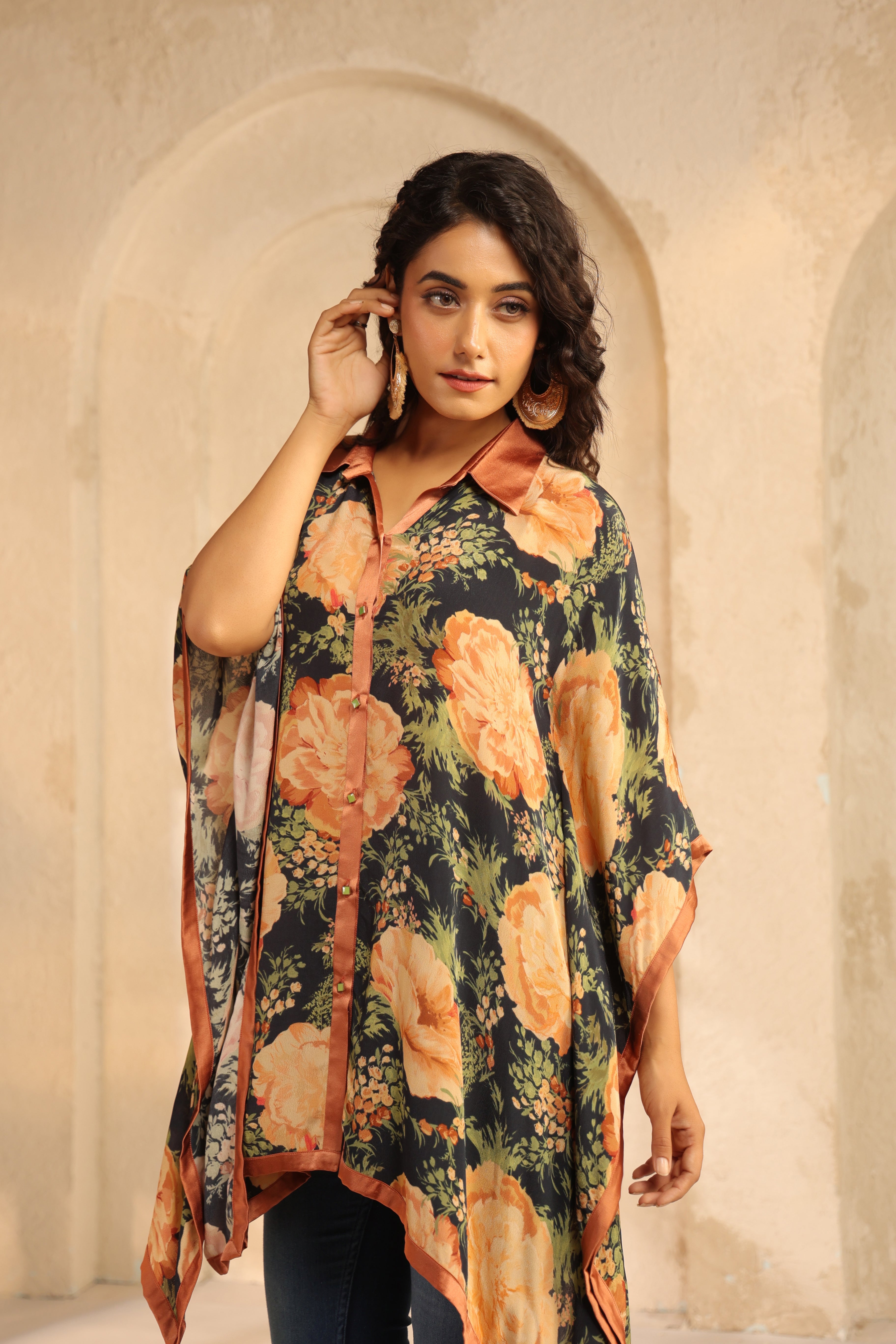 Charcoal Black Printed Viscose Crepe Kaftan Top